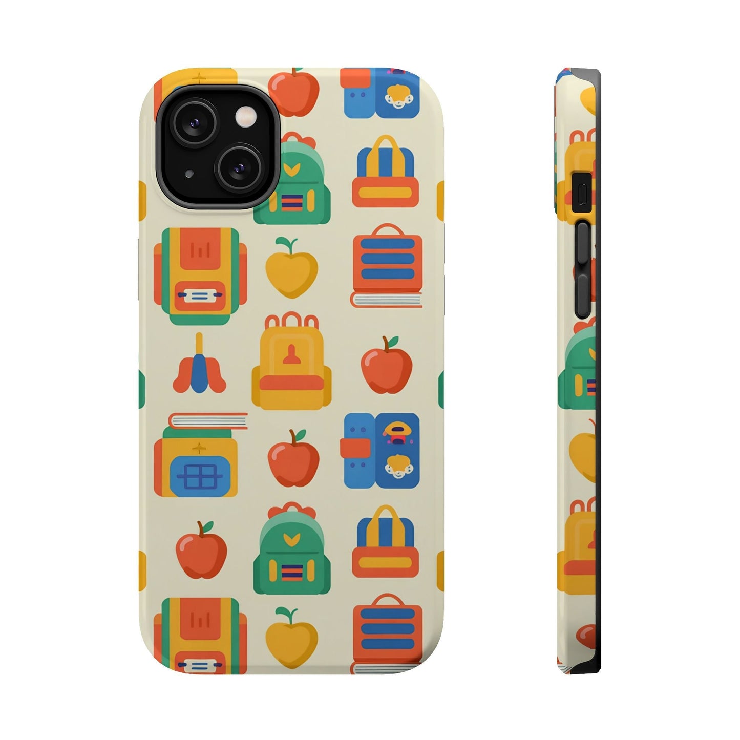 Durable back to school iPhone case with colorful school supplies pattern and MagSafe compatibility