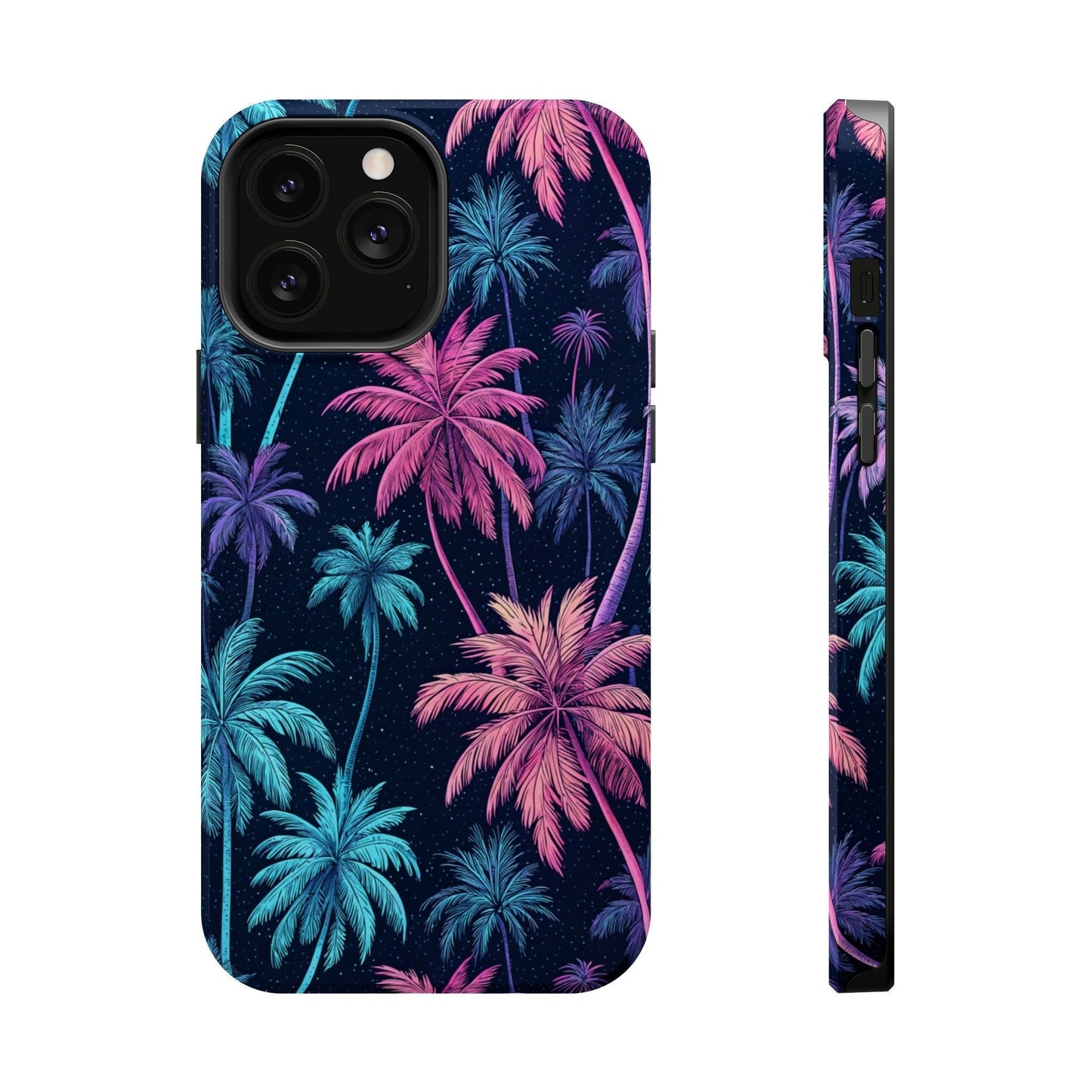 iPhone phone case with neon pink and blue palm trees on a dark background, featuring MagSafe compatibility and dual-layer protection.