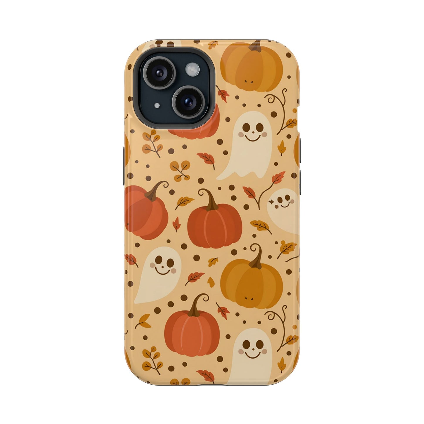 Halloween-themed iPhone case with spooky pumpkins and ghost design, durable with MagSafe compatibility