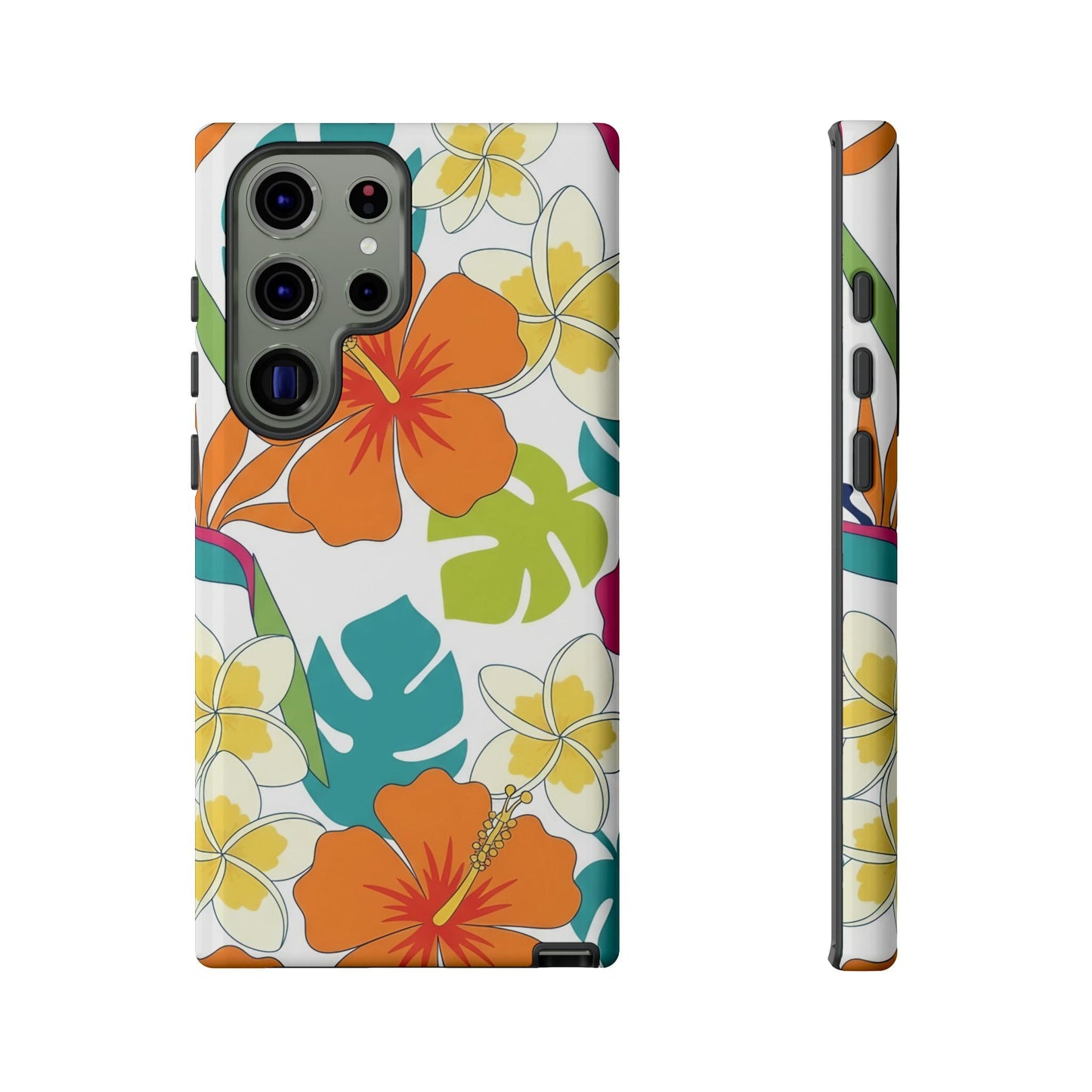 Orange floral Samsung case with shock-absorbing durable protection and vibrant tropical design