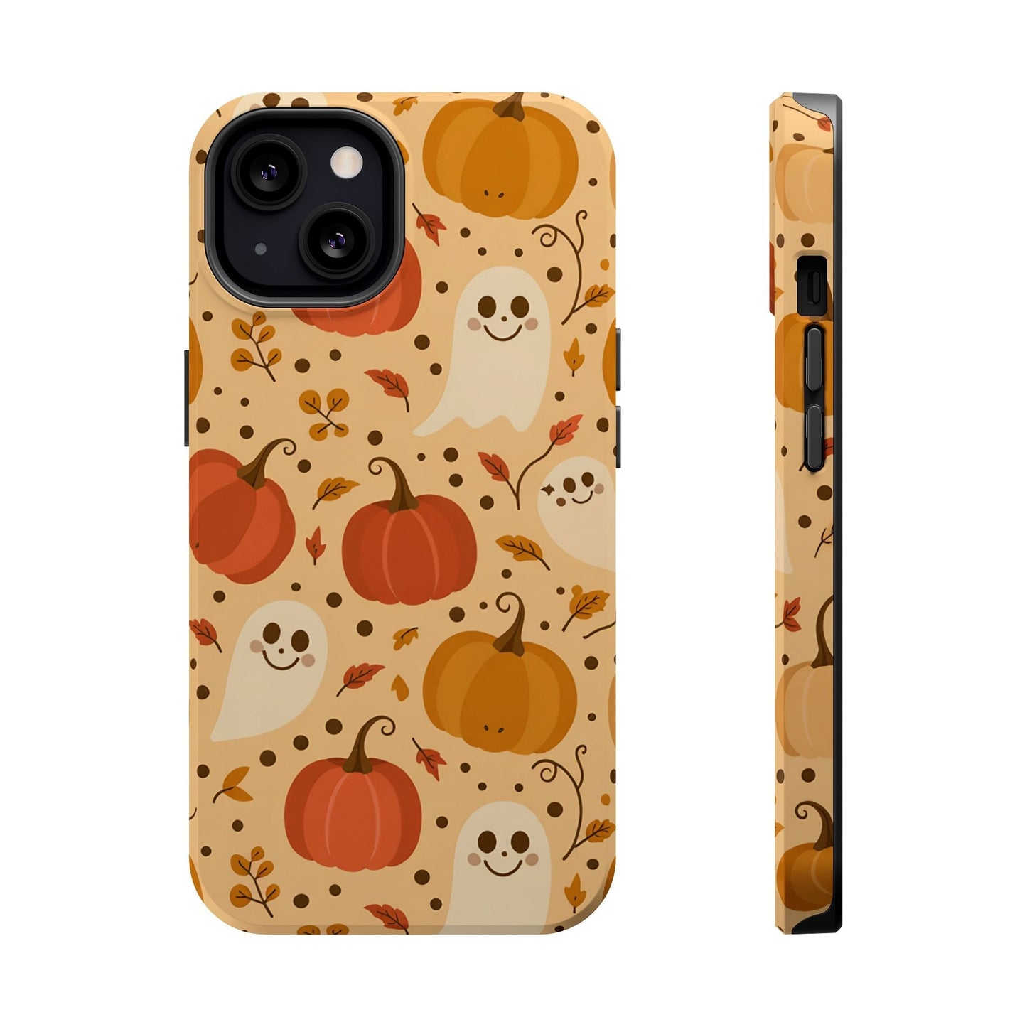 Spooky Pumpkins Halloween iPhone case with ghost and pumpkin design, durable protective MagSafe cover
