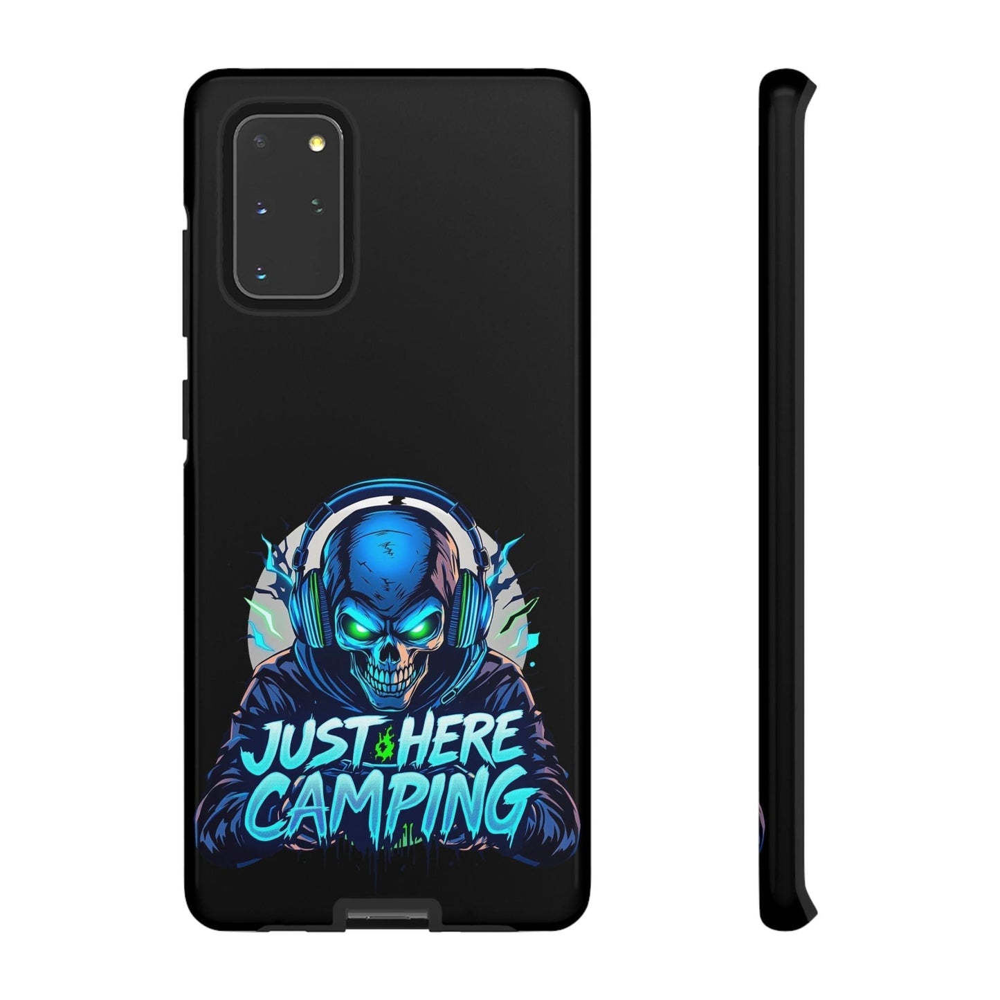 Samsung Tough Case with vibrant "Just Here Camping" gaming skull design for gaming enthusiasts, offering premium protection for Samsung Galaxy models