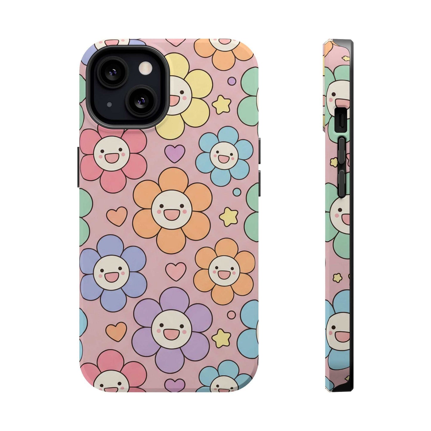 Happy Flower iPhone Tough Case with colorful smiling flowers, impact-resistant and MagSafe compatible phone cover