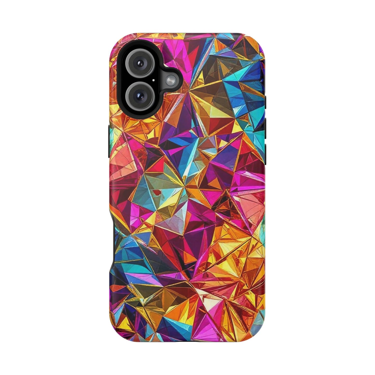 Colorful Rainbow Foil iPhone Tough Case with glossy finish and built-in MagSafe magnet, providing durable protection and vibrant design.