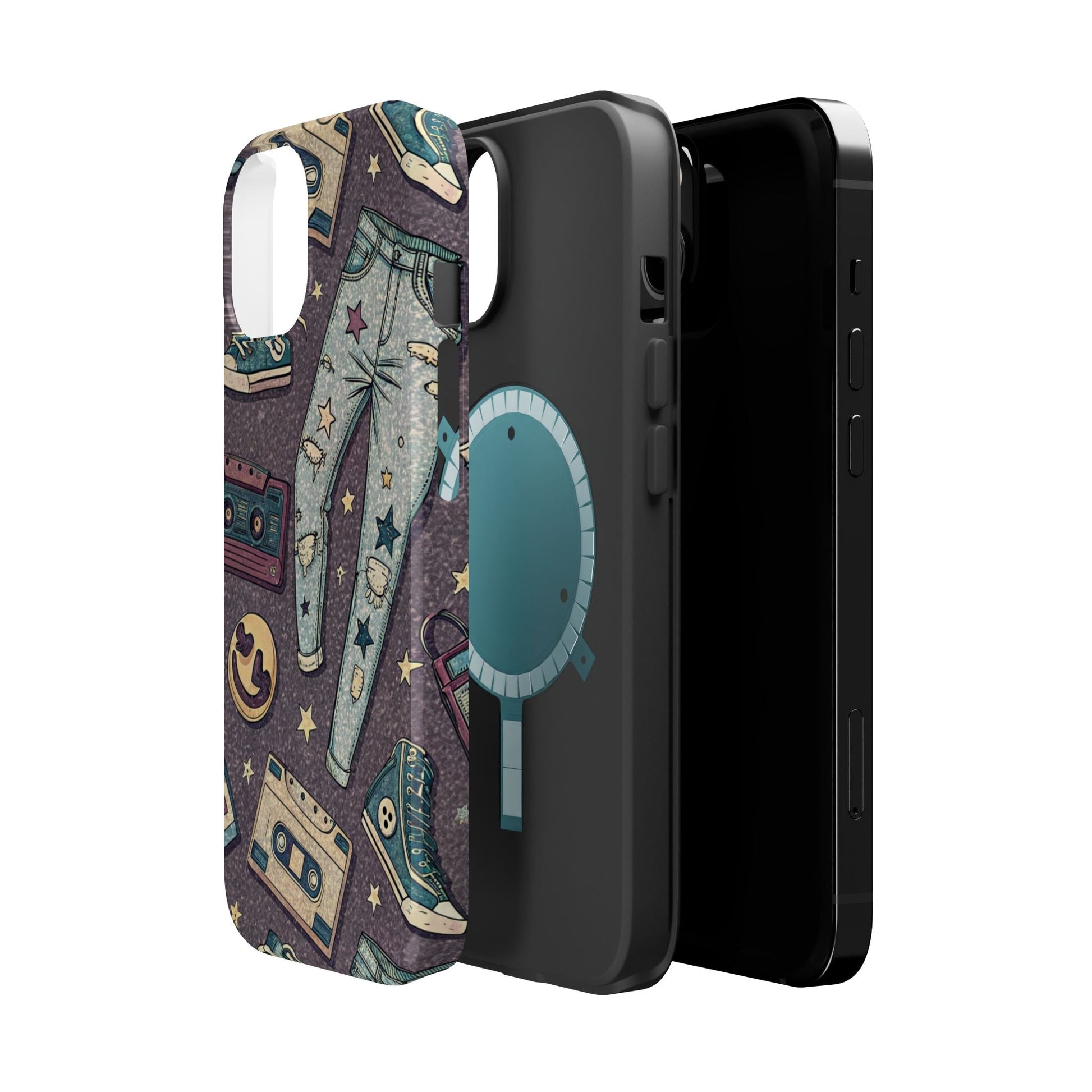 iPhone tough case with 90s grunge cassette tape collage, graffiti logos, and ripped jeans design, durable protective shell with MagSafe compatibility