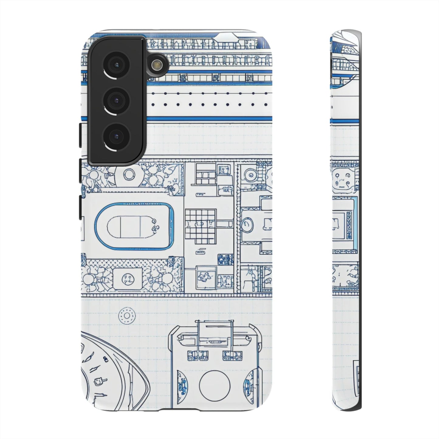 Samsung phone case with cruise ship design blueprint print, durable and shock-absorbent protective cover for Galaxy S series.
