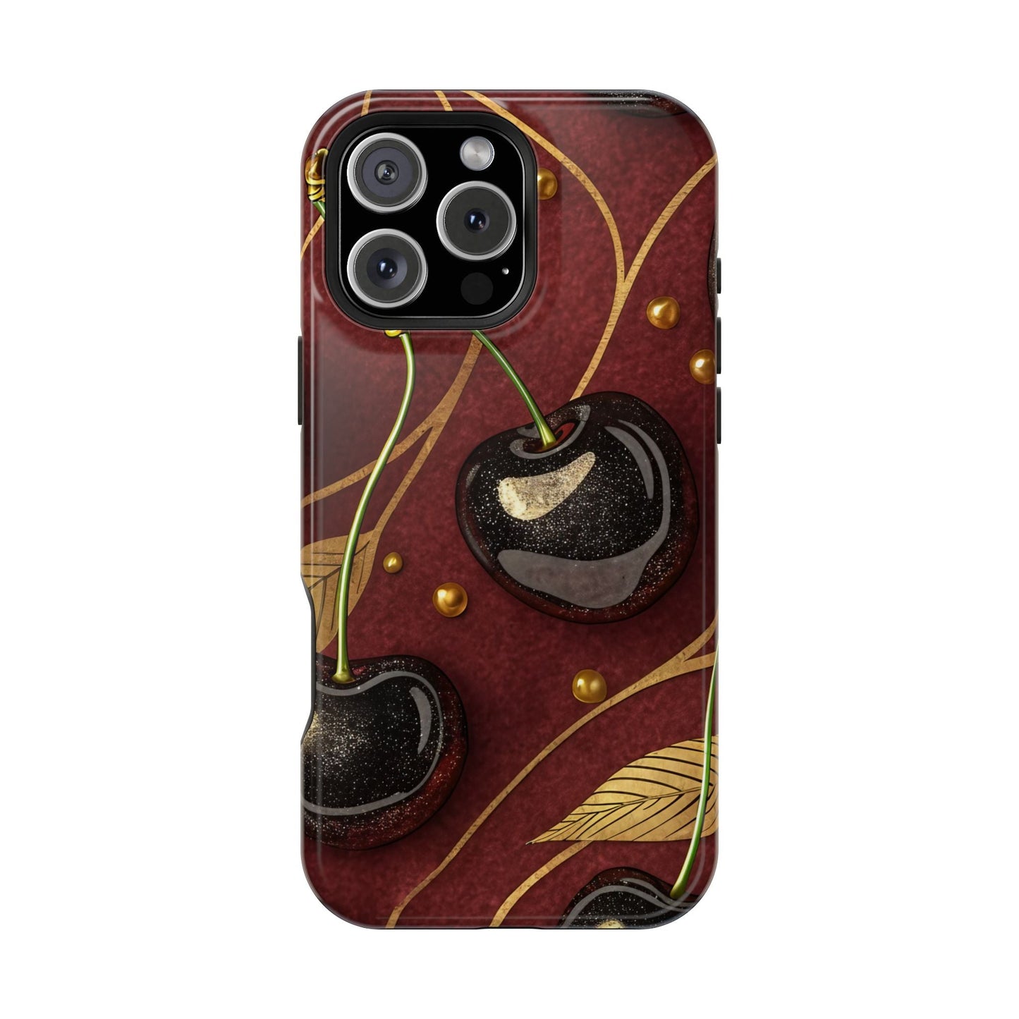 Golden Cherry iPhone Tough Case with cherry-gold design, durable dual-layer protection, and MagSafe compatibility