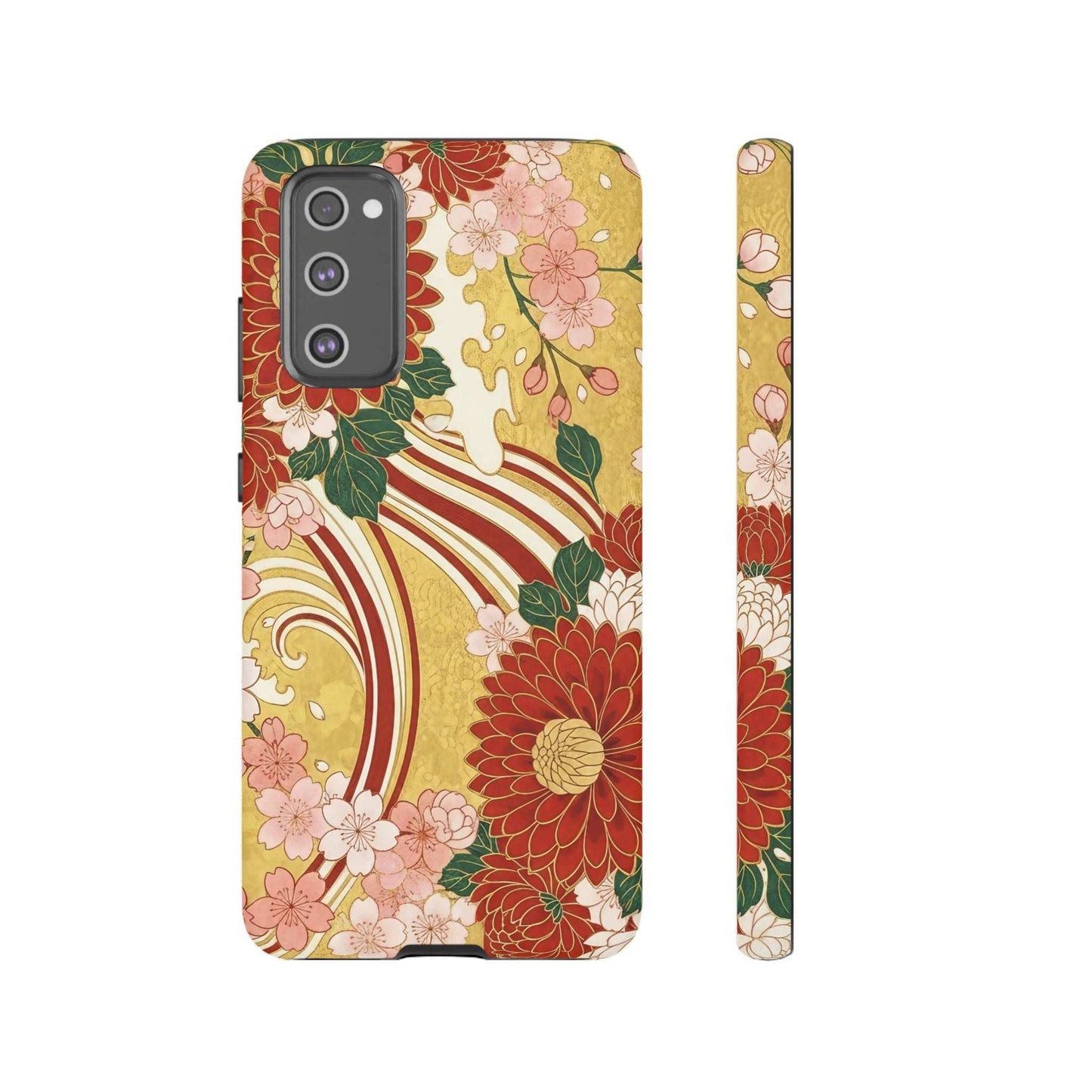 Samsung Case with Japanese floral gold chrysanthemum design, durable and impact-resistant phone protection