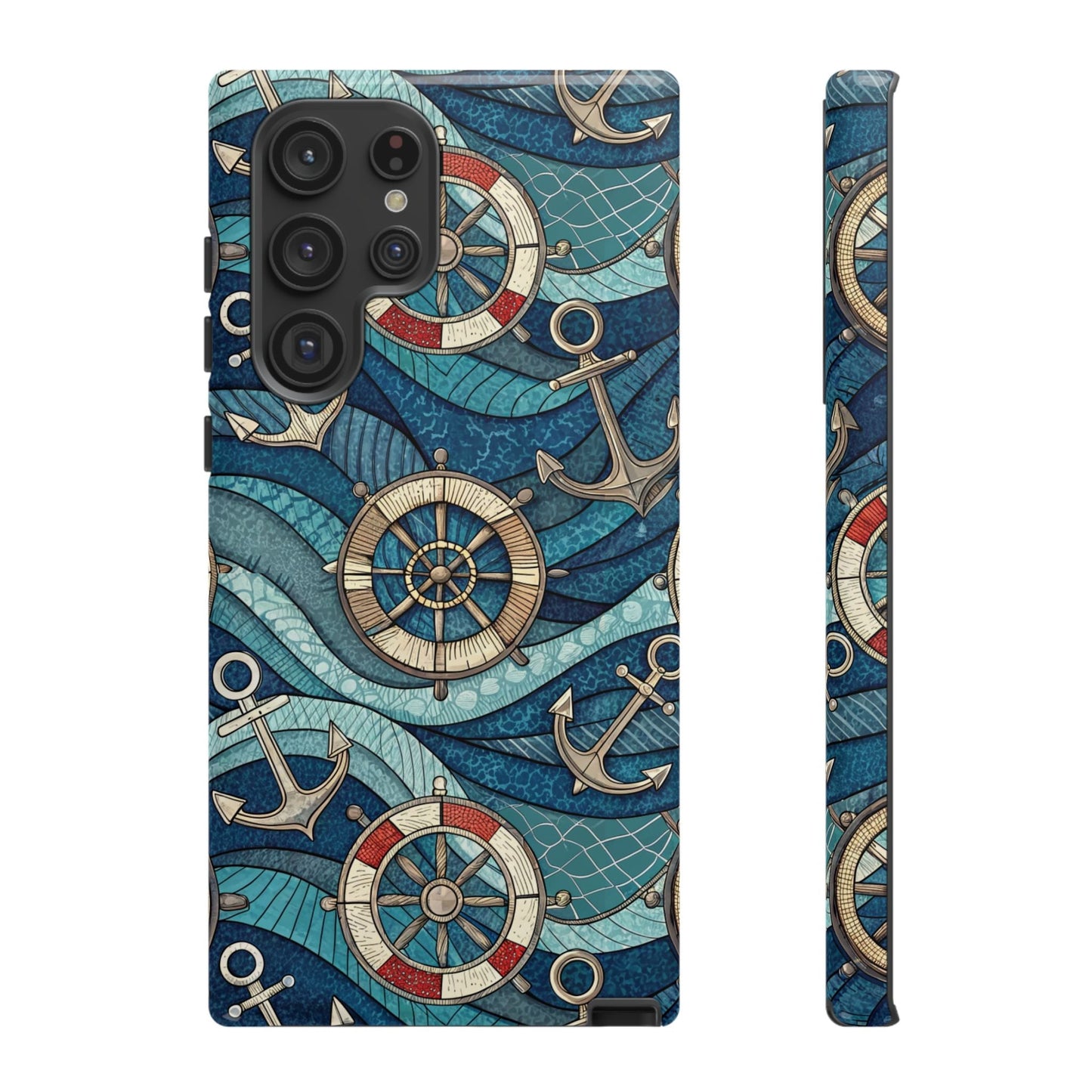 Samsung tough case with nautical anchor, life preserver, and ship wheel design in blue tones