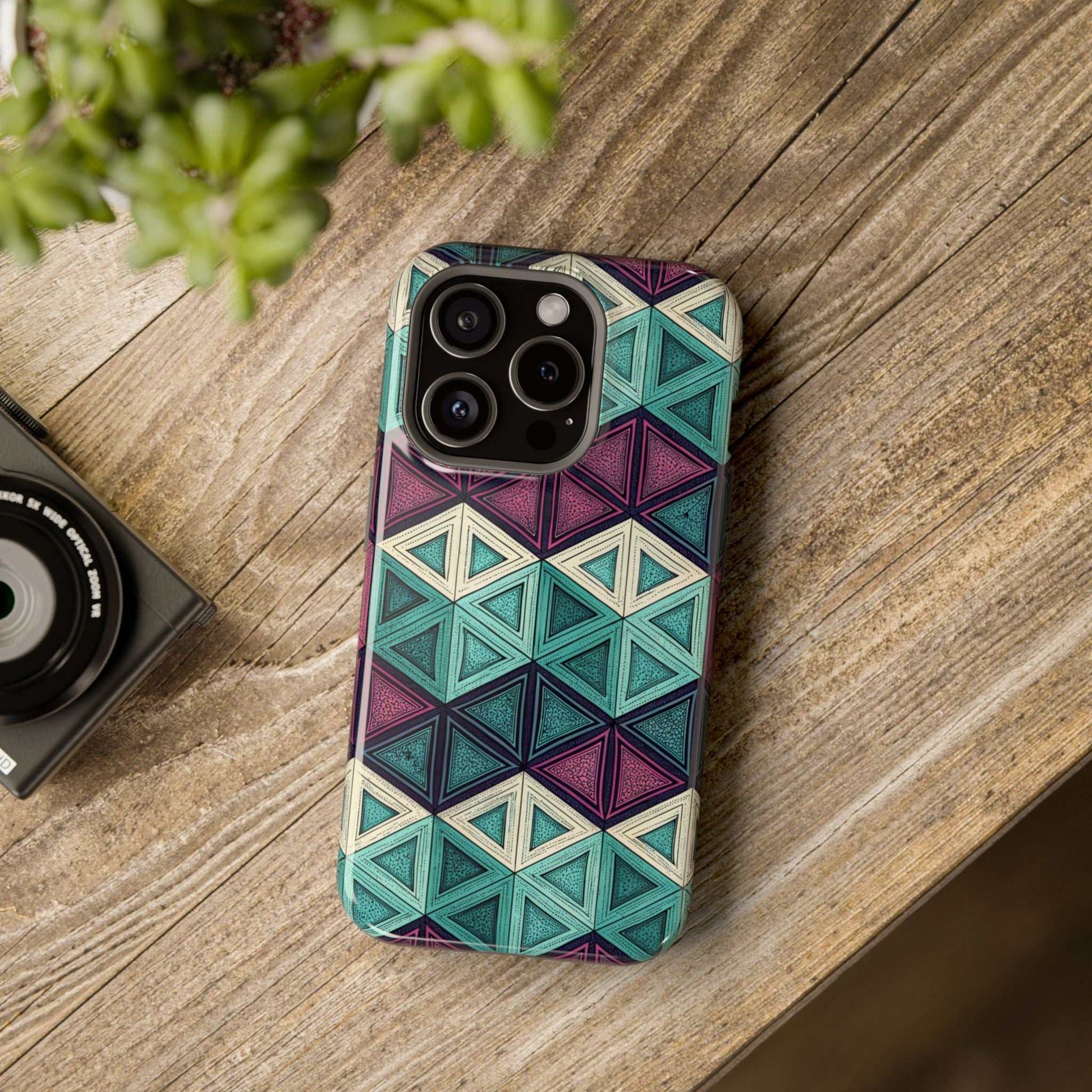 Purple and Teal Abstract geometric pattern magnetic iPhone tough case with MagSafe compatibility