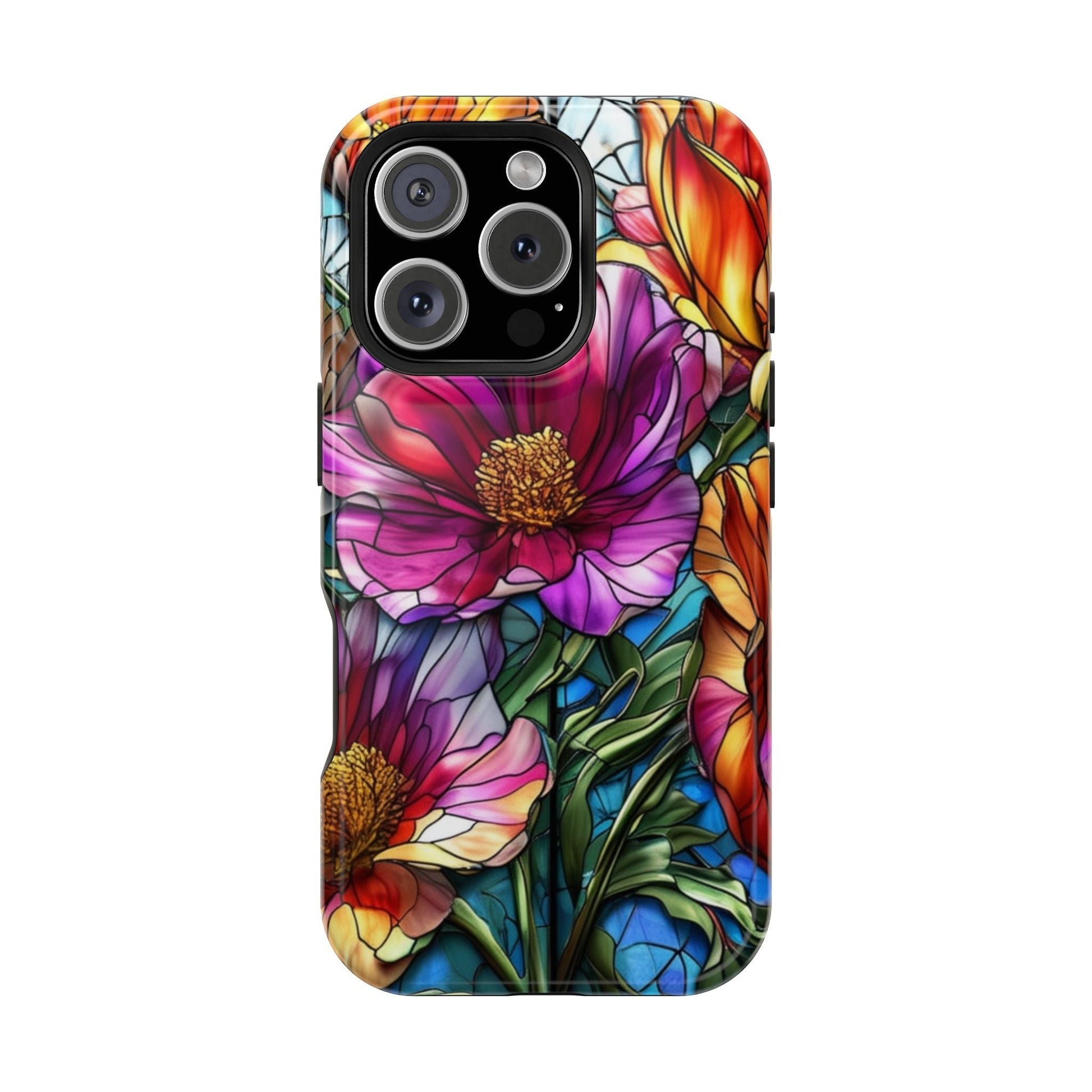 Vibrant purple flower iPhone case with durable polycarbonate and TPU liner, impact resistant, glossy finish, MagSafe compatible for iPhone 17 series