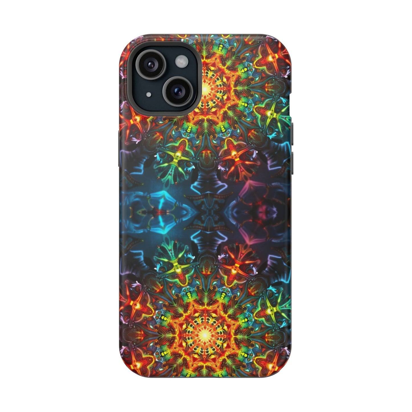 Colorful abstract kaleidoscope design iPhone case with durable dual-layer protection and MagSafe compatibility