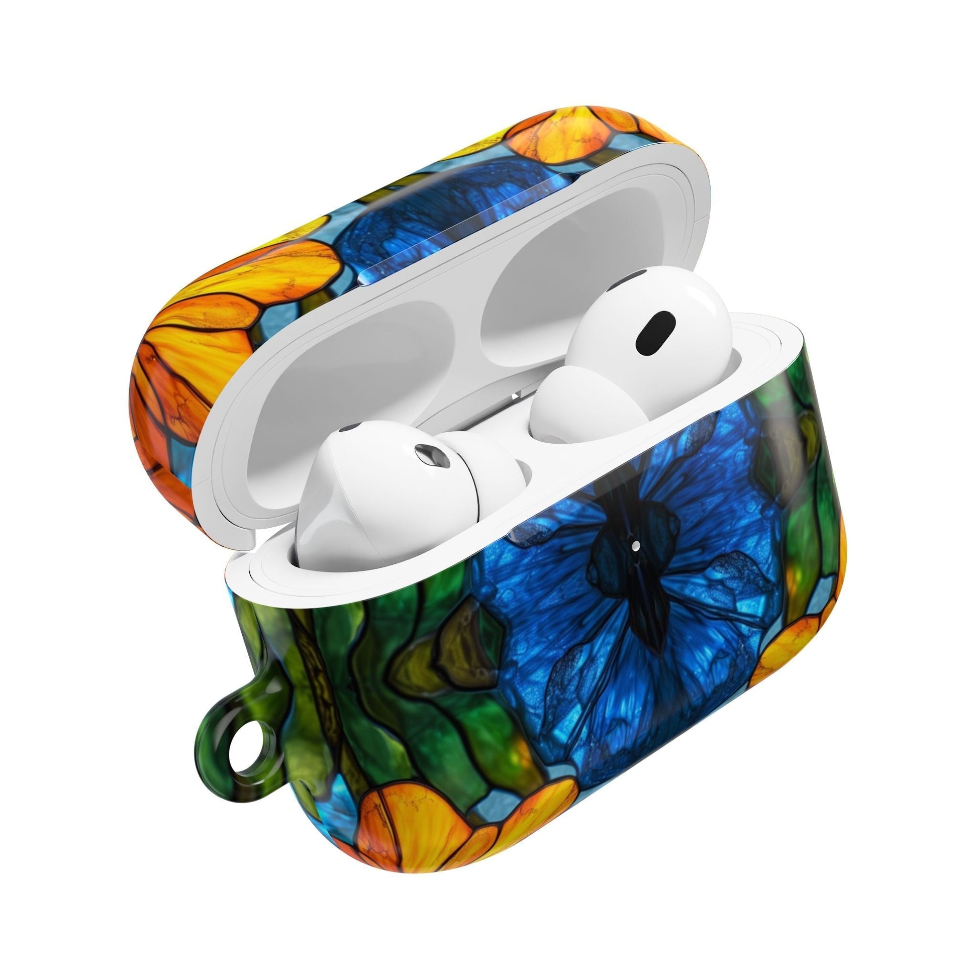Colorful floral pattern AirPods case with impact and scratch resistance, compatible with multiple AirPods models, featuring a carabiner for easy carrying.