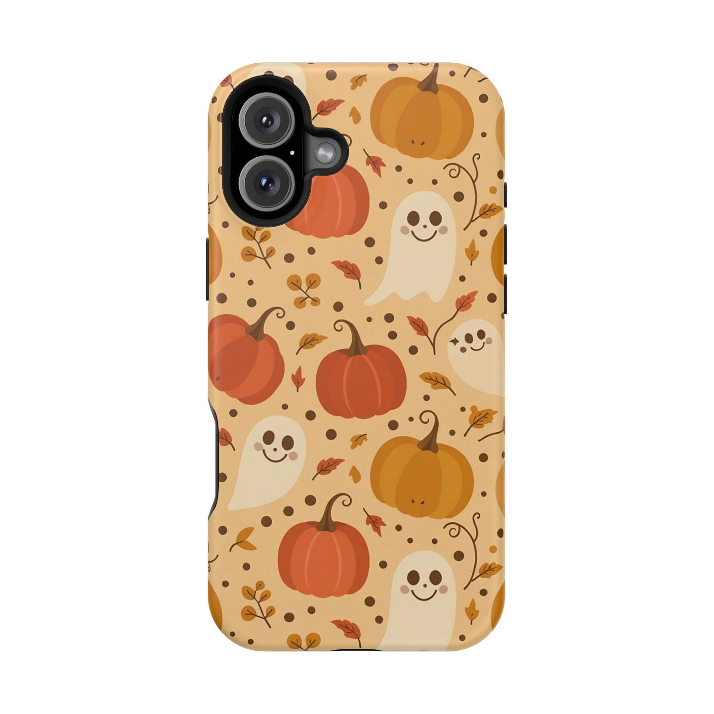 Spooky Pumpkins Halloween iPhone case with ghosts and pumpkins design, durable protective cover with MagSafe compatibility