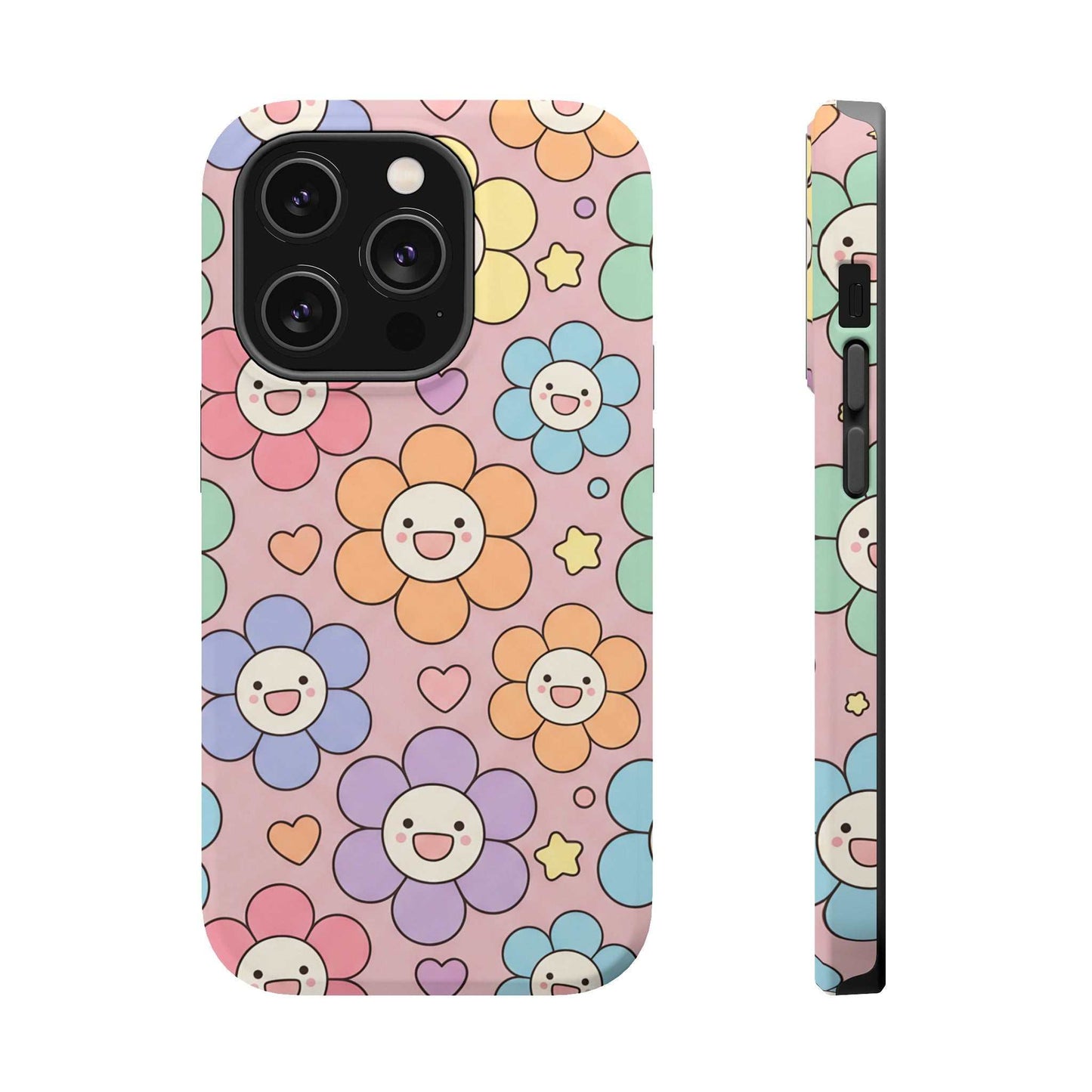 Happy Flower iPhone Tough Case with colorful smiling flowers and MagSafe compatibility