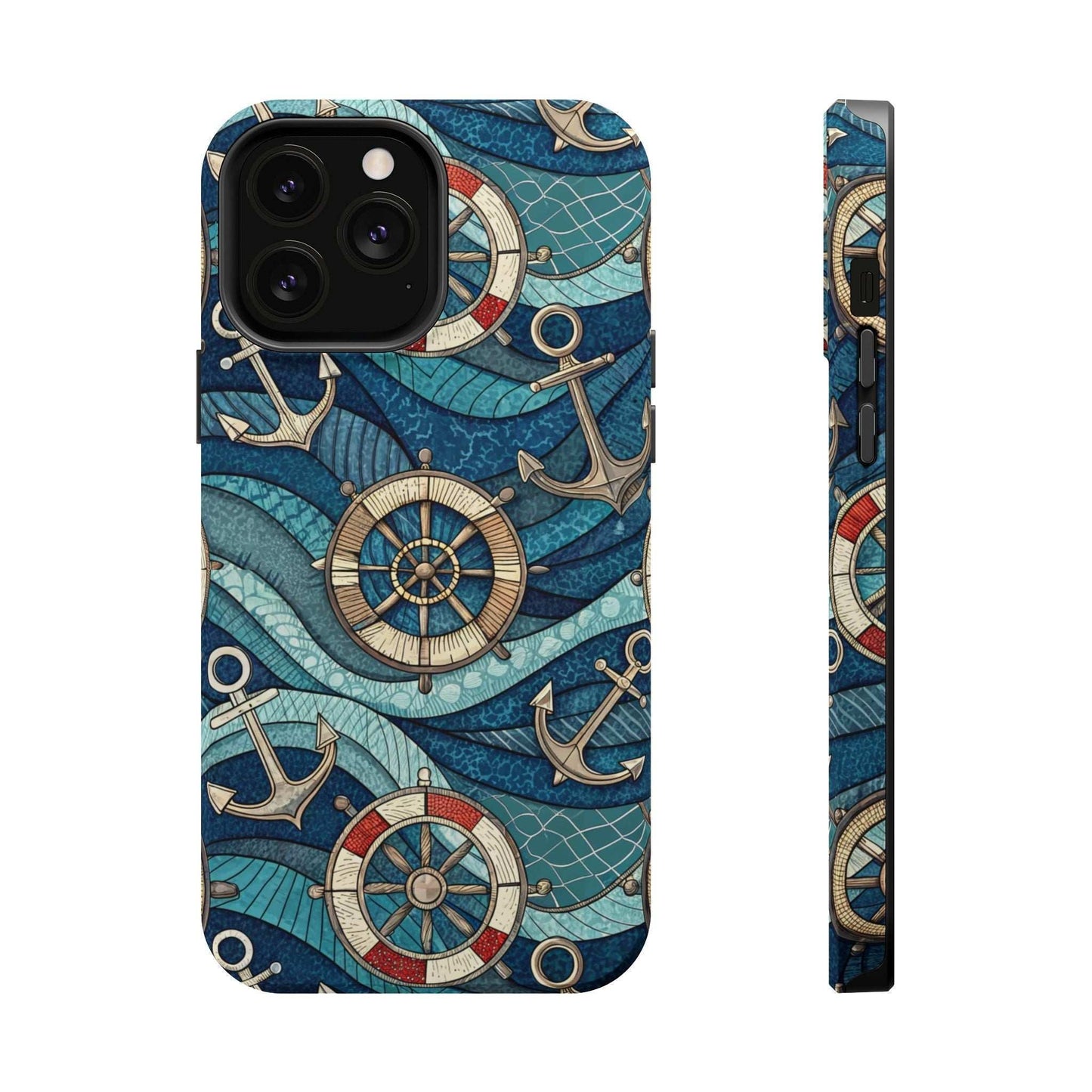 Nautical Theme iPhone Case with anchors and ship wheels design for iPhone 13-16, durable coastal style protector