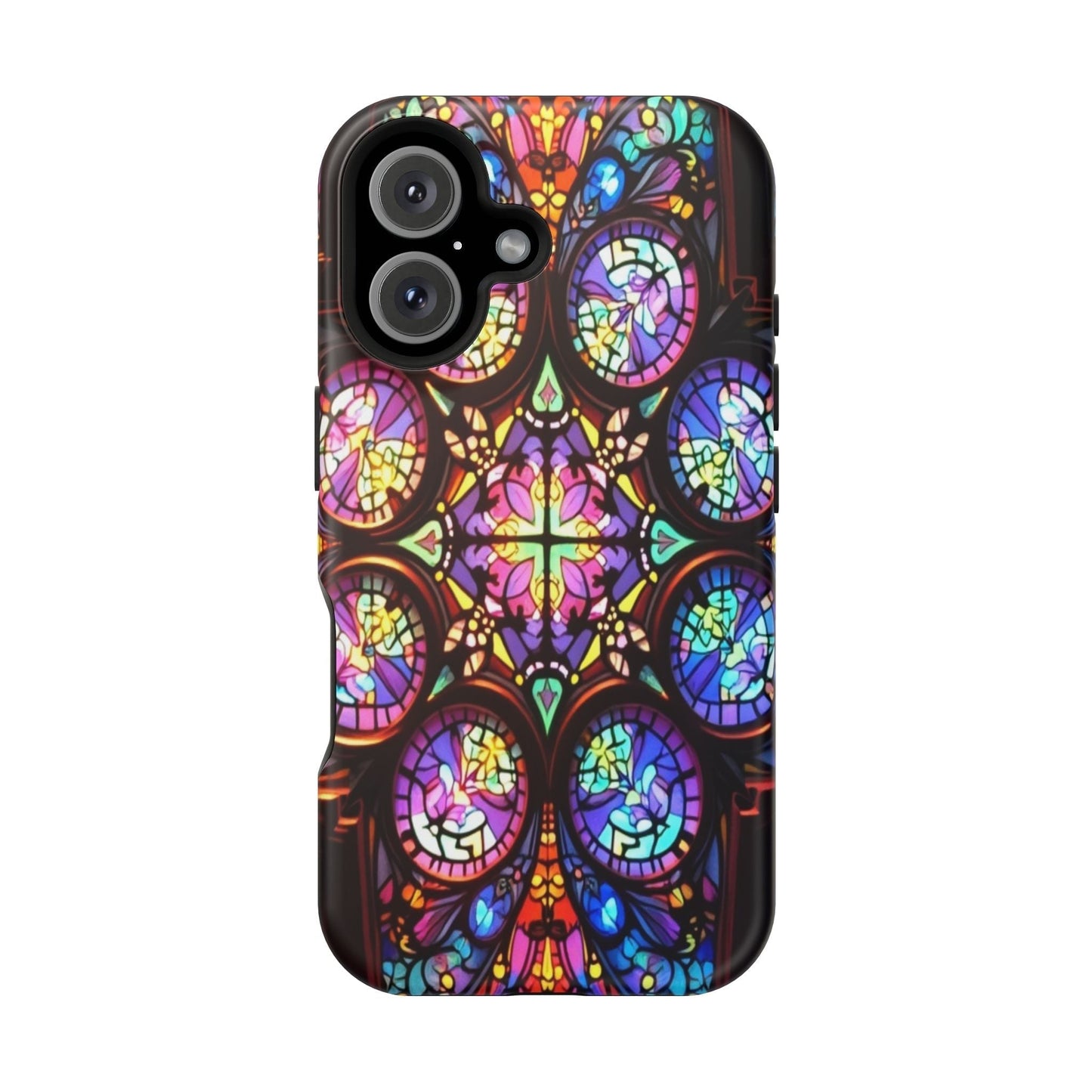 Colorful hypnotic stain glass iPhone tough case with vibrant wrap-around design and MagSafe compatibility