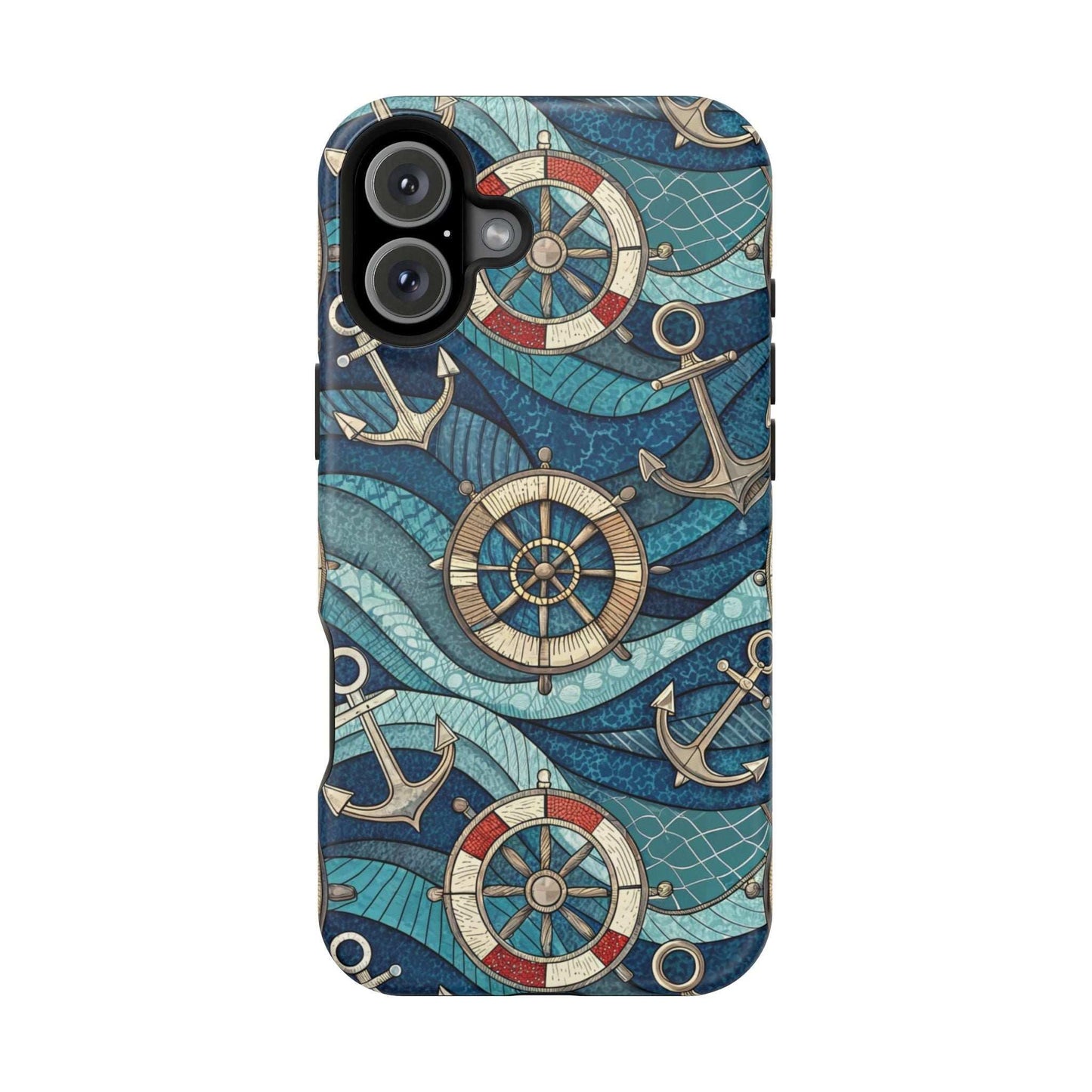 Nautical theme iPhone case with anchors and ship wheels in blue coastal design for iPhone 13-16 series