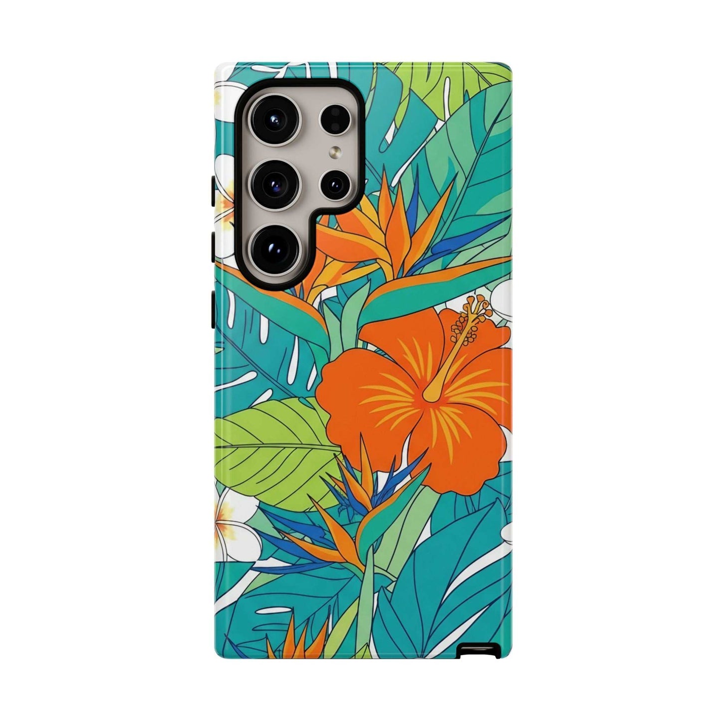 Vibrant Floral Samsung Case with tropical flowers and leaves, durable dual-layer protection and shock absorption.
