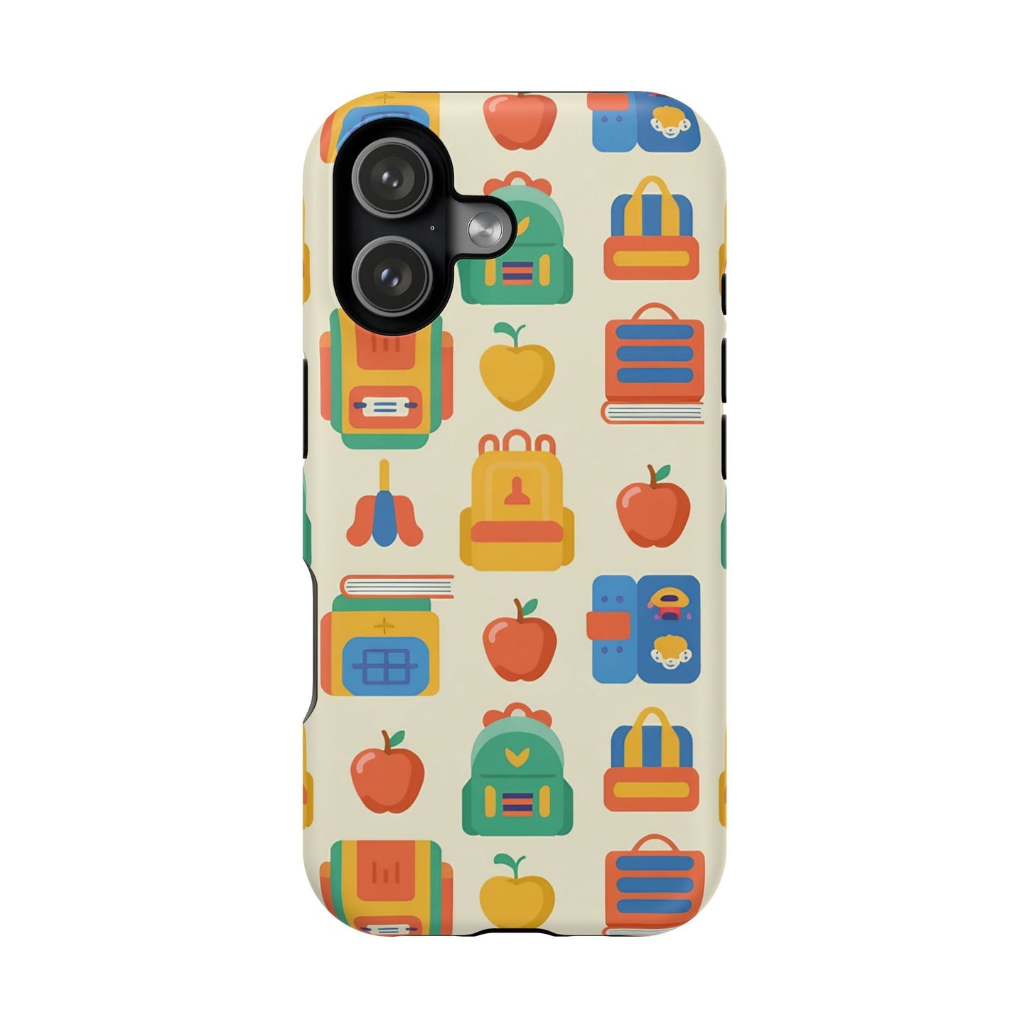 Back to School iPhone phone case with colorful school supplies pattern and durable dual-layer protection