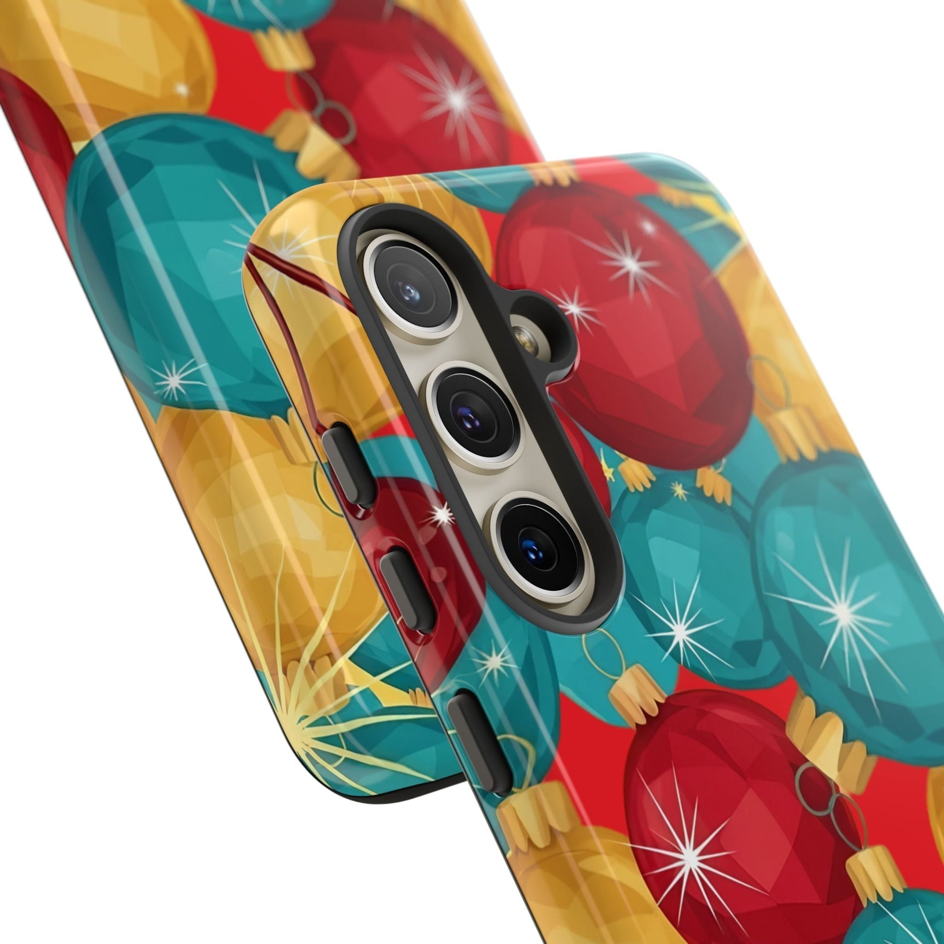 Samsung Tough Case with colorful holiday bulb design for festive protection and wireless charging support