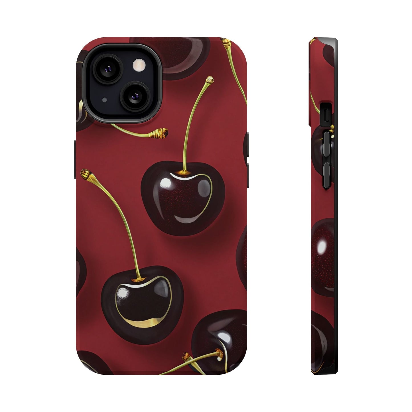 Cherry iPhone tough case with vibrant photo-realistic cherry design, dual-layer protection, and MagSafe compatibility.