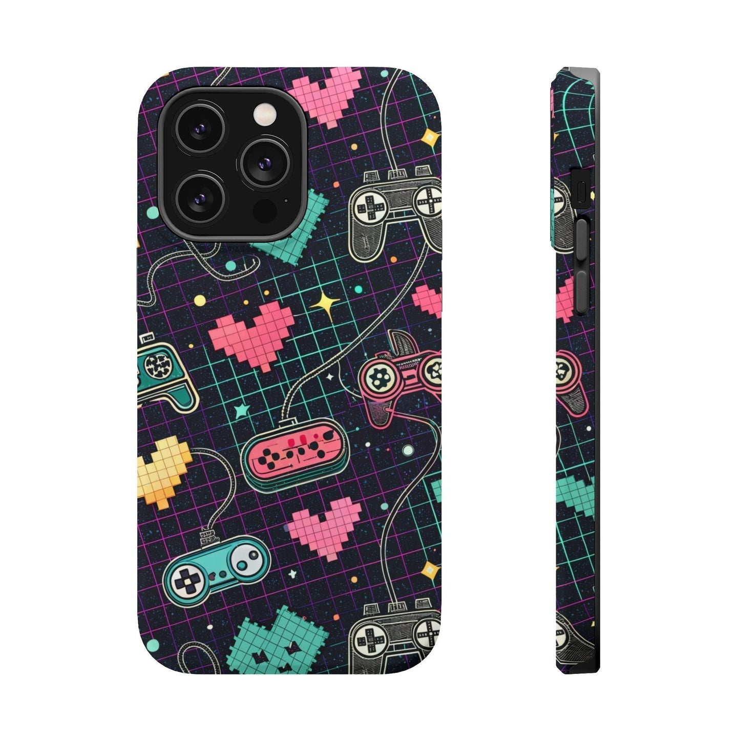 Retro Gamer Inspired dual-layer iPhone case with colorful pixelated hearts and gaming controller design, MagSafe compatible, durable protective shell.