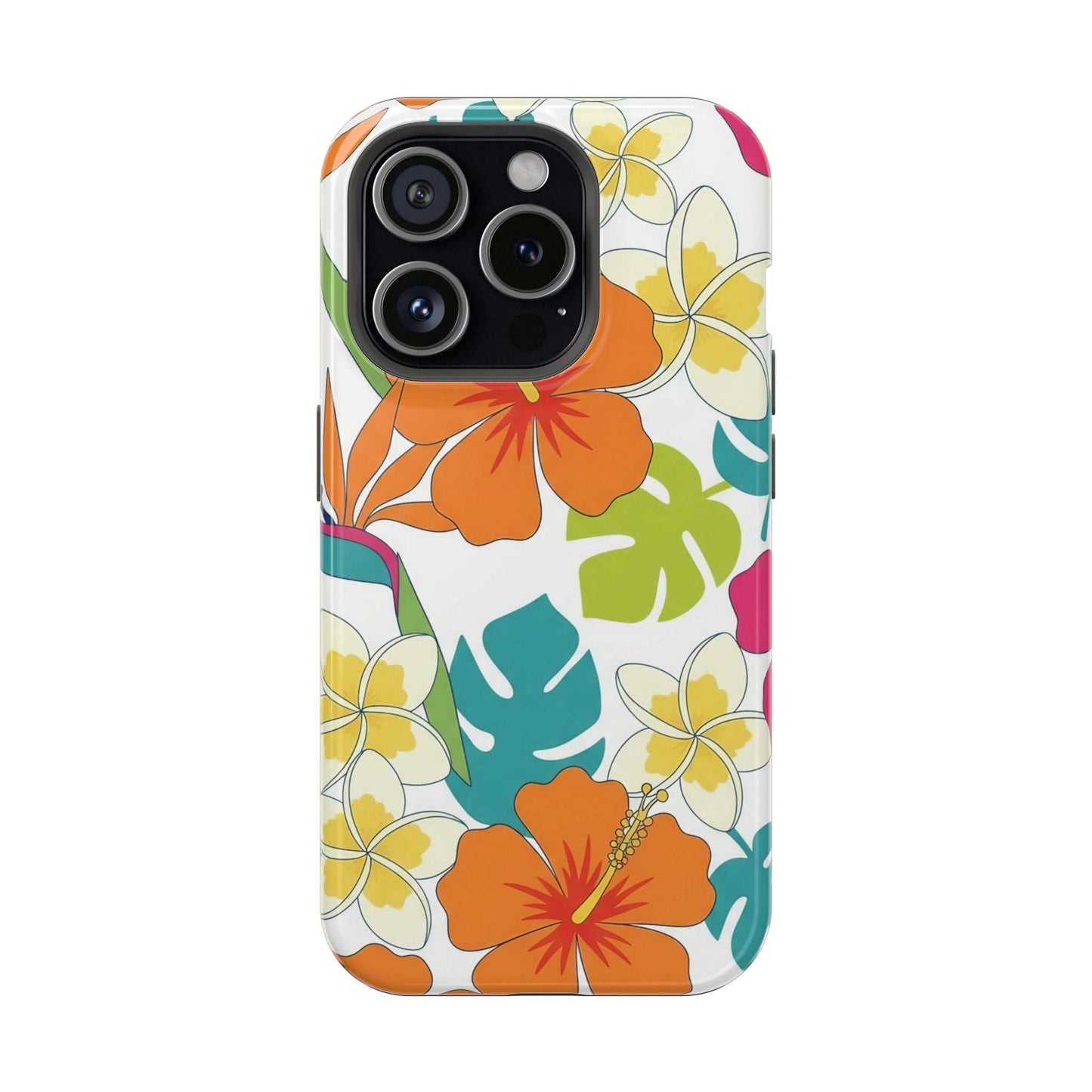 Floral iPhone case with orange and yellow tropical flower design, impact-resistant and MagSafe compatible