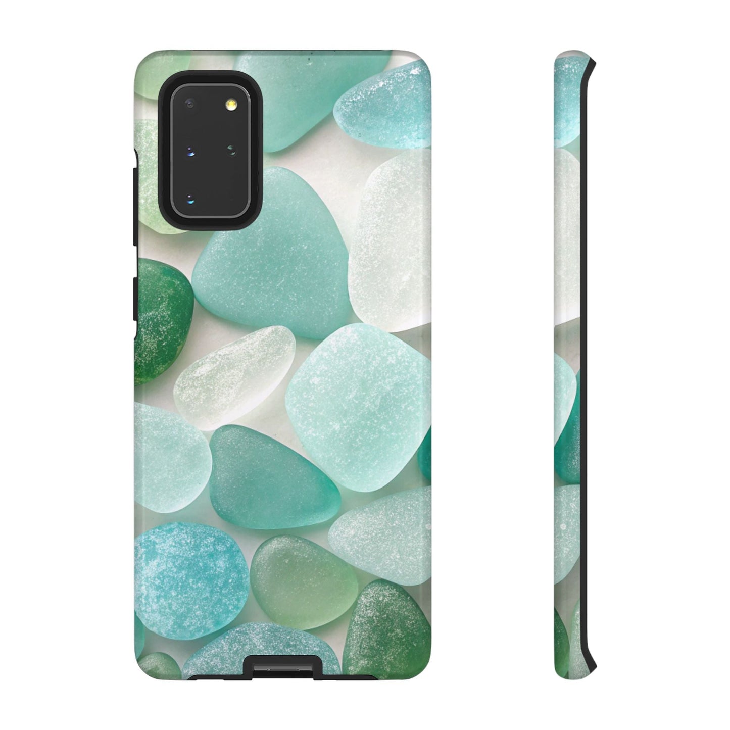 Samsung phone case with calming sea glass design in green and blue tones, offering durable protection and coastal aesthetic.