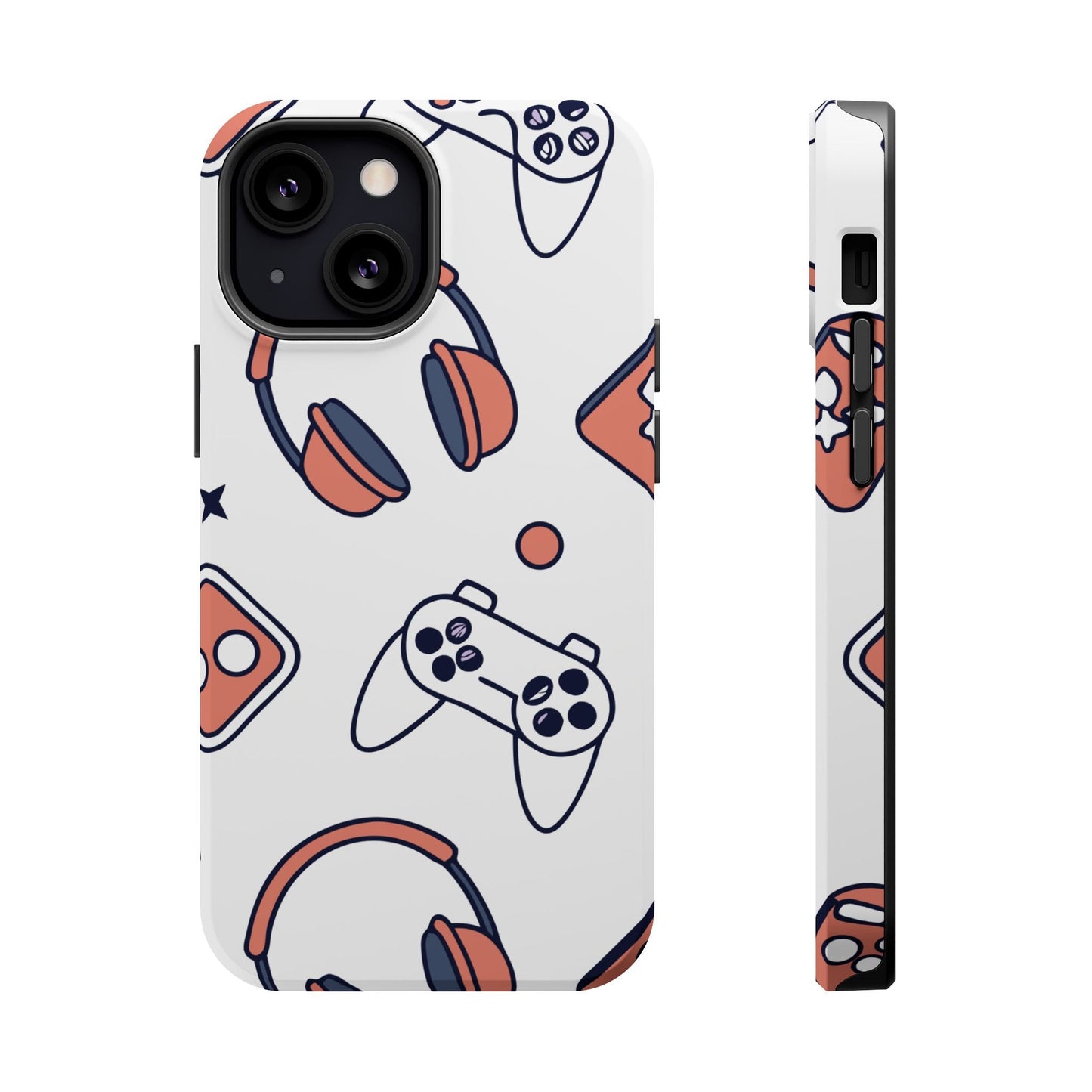 Gamer iPhone Tough Case with gaming controller and headset design, durable protective polycarbonate and TPU material, compatible with MagSafe accessories.