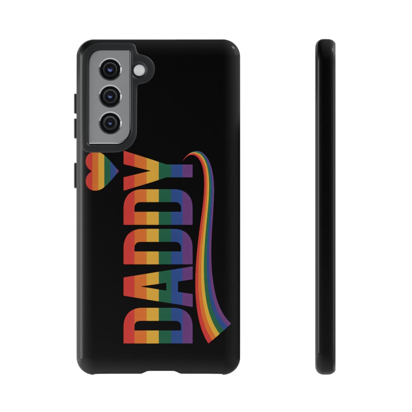 Samsung Tough Case with LGBT inspired rainbow "DADDY" text and heart design on black background for Samsung Galaxy phone
