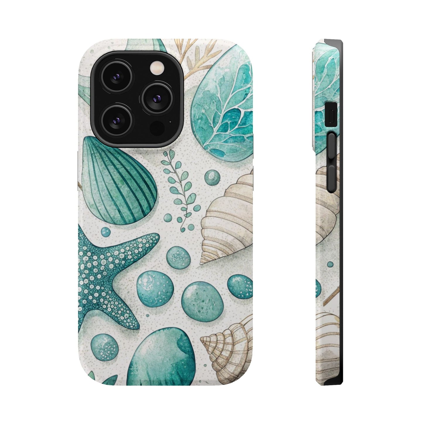 Celebration Sea iPhone Tough Case with ocean-inspired seashell and starfish design, durable dual-layer protection, and MagSafe compatibility.