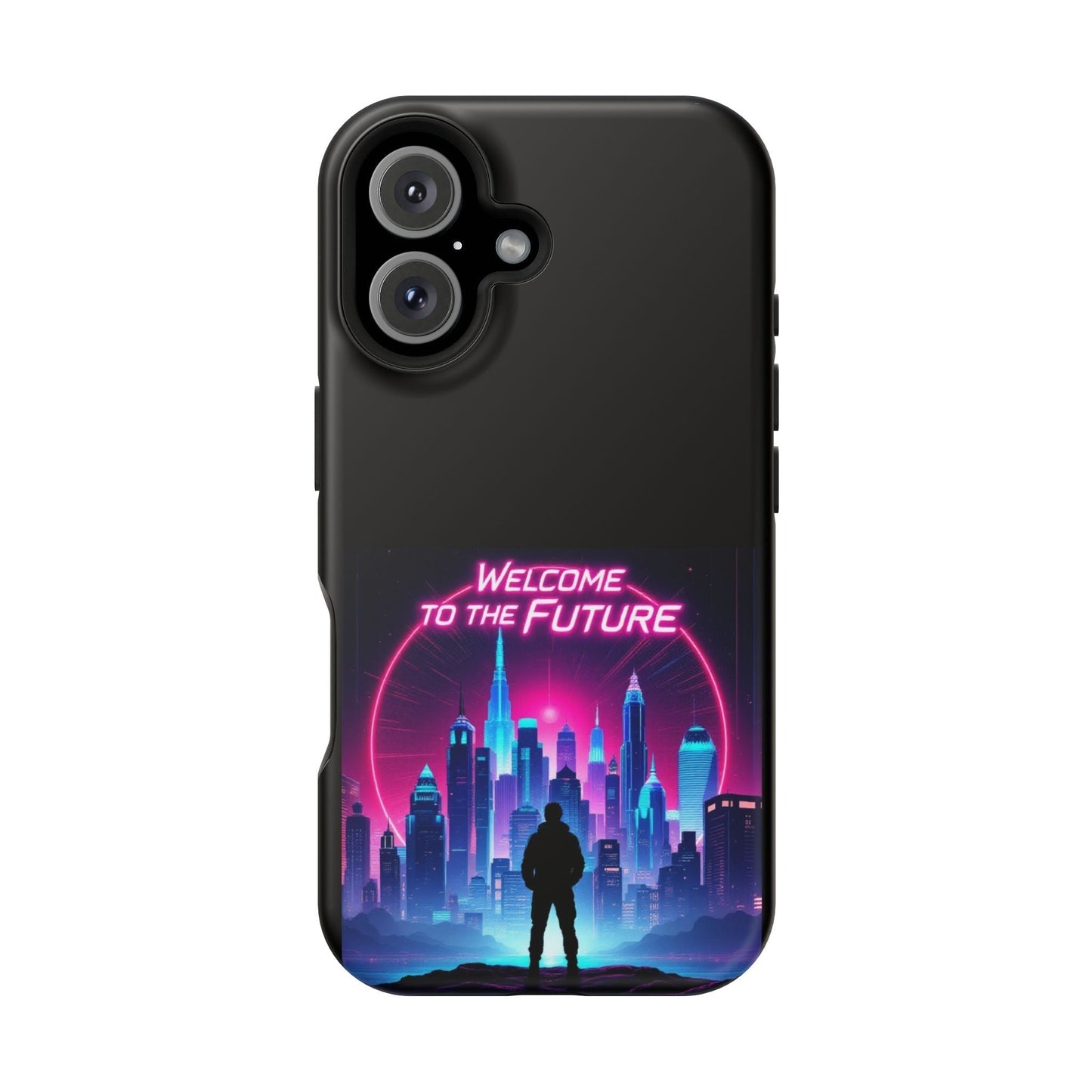 Futuristic Vibe iPhone Case with neon cityscape and "Welcome to the Future" text, durable MagSafe compatible protective design