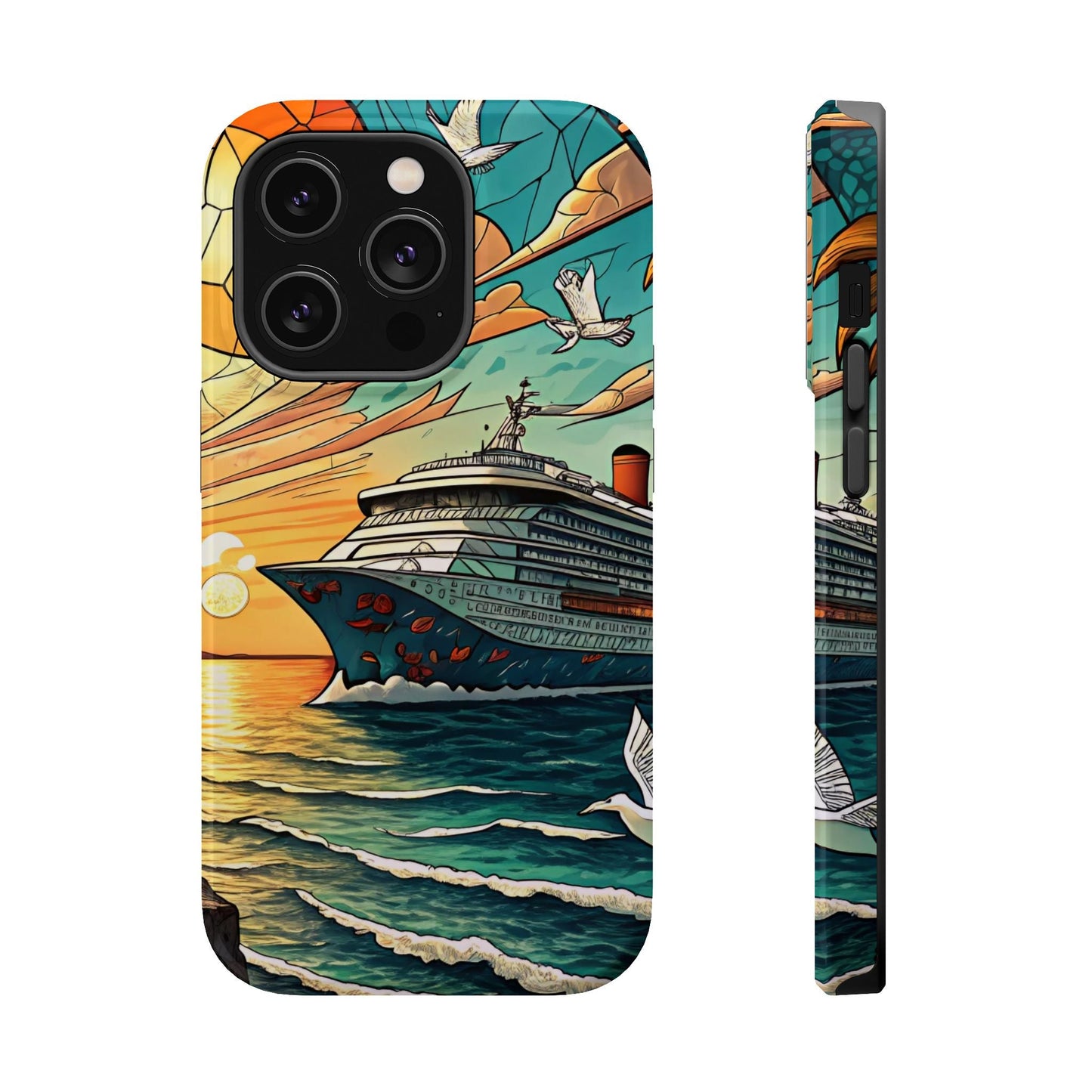 Cruise Vacation iPhone tough case with colorful cruise ship design, dual-layer protection, and MagSafe support