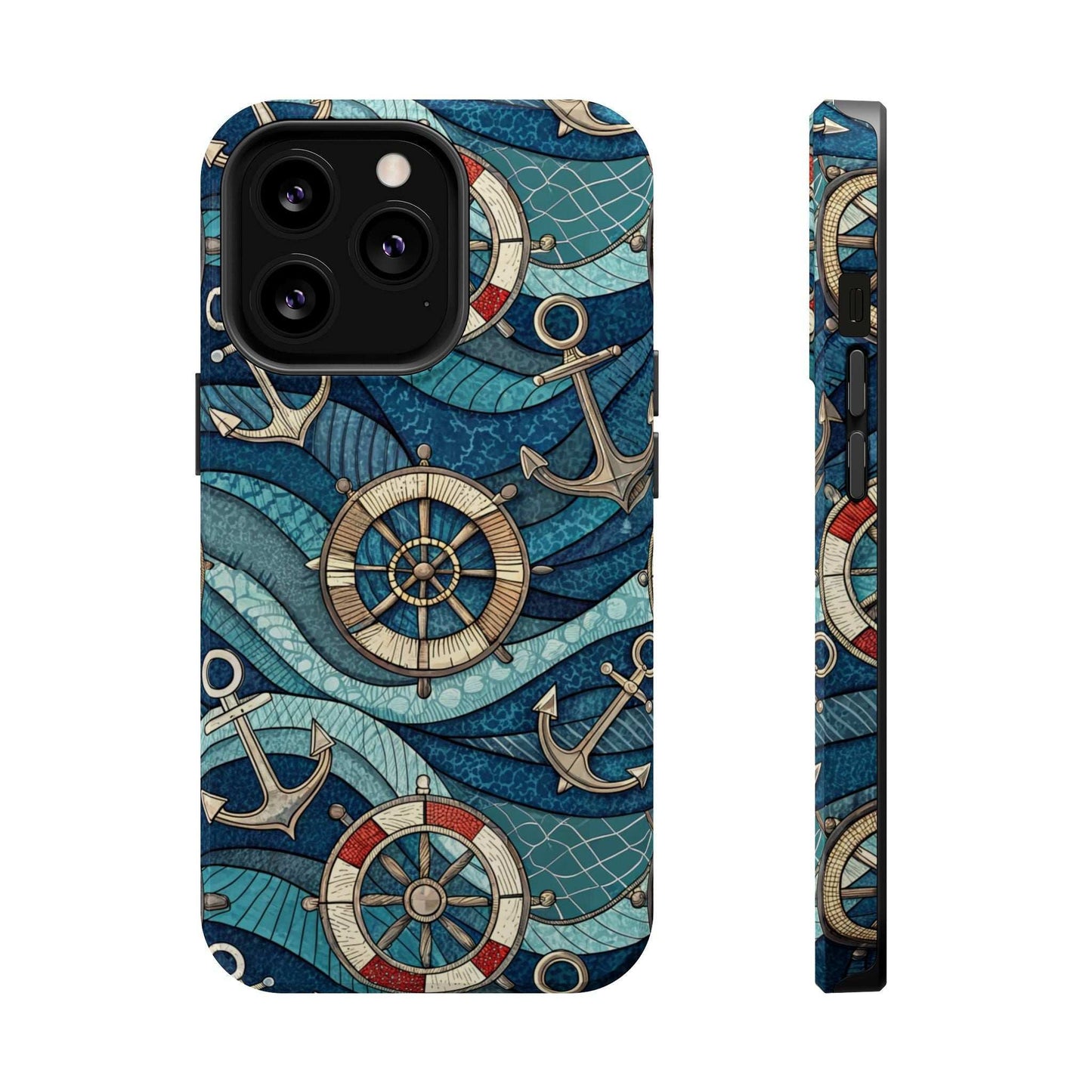 Nautical Theme iPhone Case with anchors, ship wheels, and ocean waves design for iPhone 13 to 16 series, durable dual-layer protection.