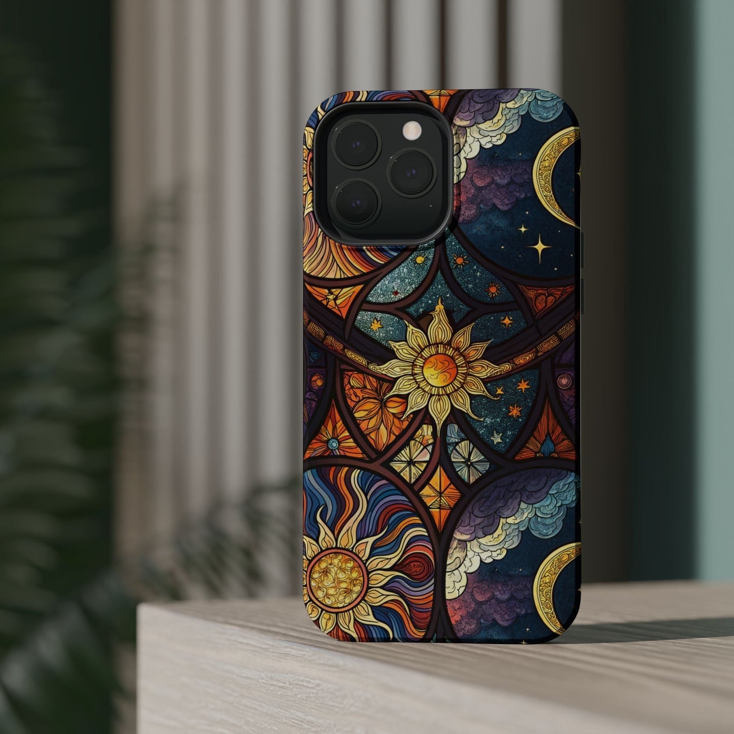 iPhone case with vibrant Sun and Moon celestial design, dual-layer protective build, available in matte or glossy finish with MagSafe compatibility