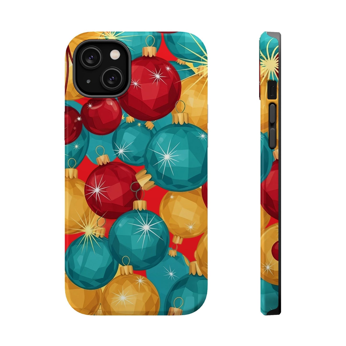 iPhone case with colorful Christmas Tree Sparkle Bulbs pattern in red, blue, and gold for festive holiday protection