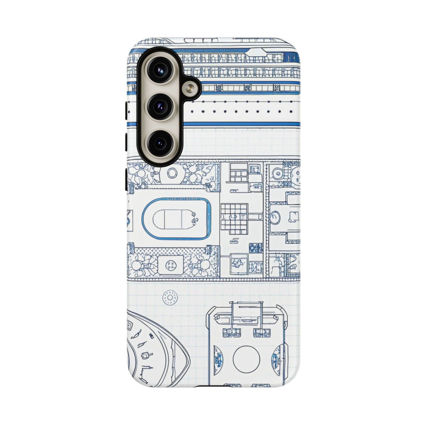 Samsung phone case with detailed blue cruise ship design blueprint, durable and impact-resistant for travel enthusiasts