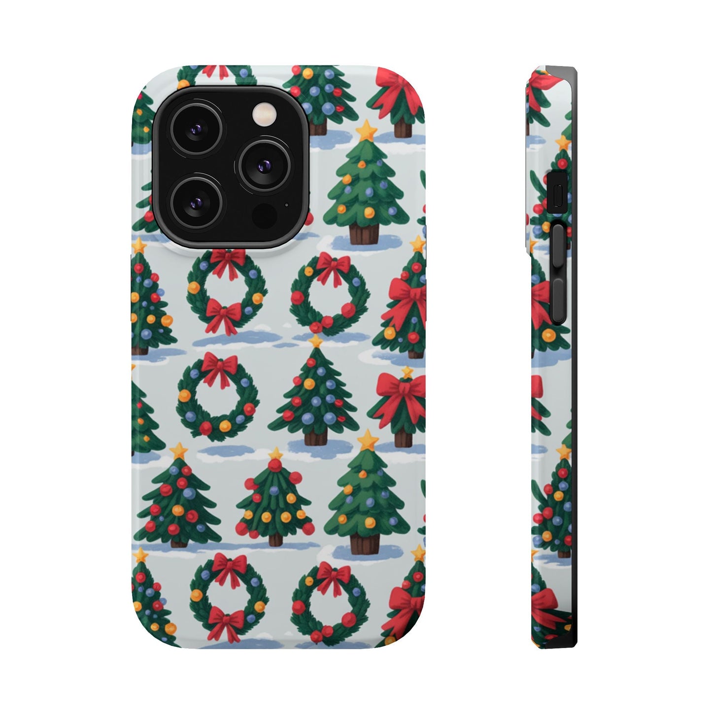 iPhone case with festive Holiday Tree and Wreath pattern, durable dual-layer protective design, available in matte or glossy finish with MagSafe compatibility.