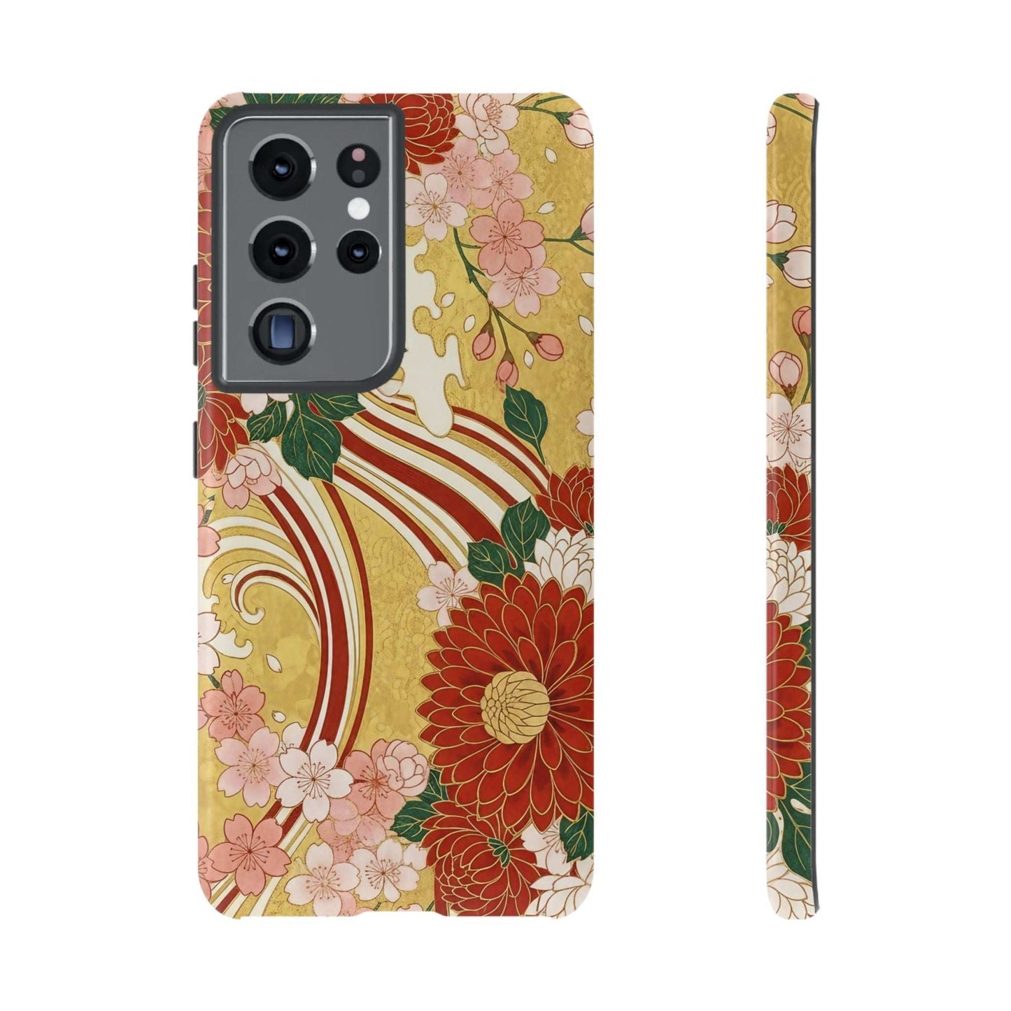 Samsung Case with Japanese floral gold chrysanthemum design, durable and impact-resistant phone cover