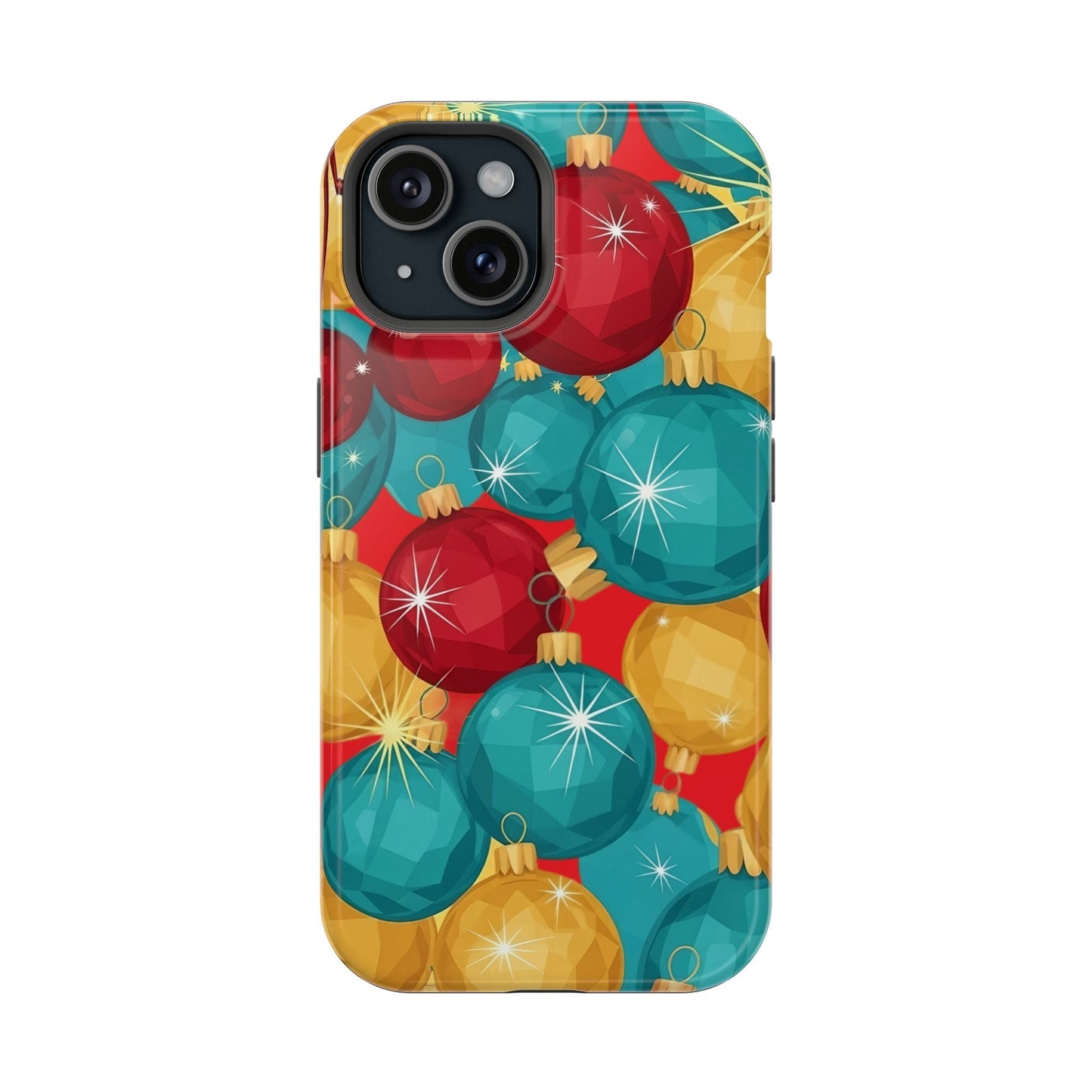 iPhone case with Christmas Tree Sparkle Bulbs design in red, blue, and gold colors, glossy finish, MagSafe compatible holiday phone cover