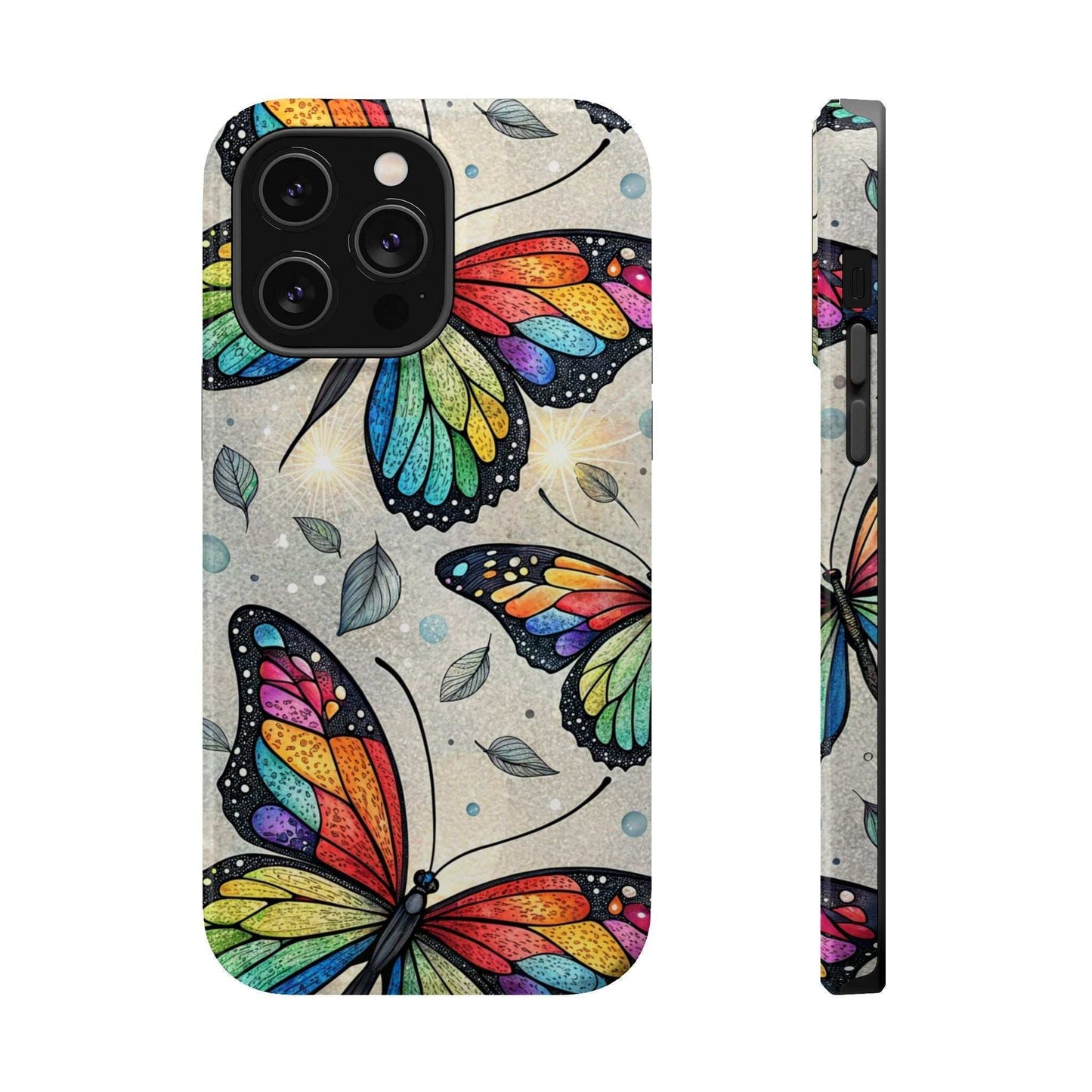Vibrant Rainbow Butterfly iPhone case with colorful butterfly design, dual-layer protection, and MagSafe compatibility.