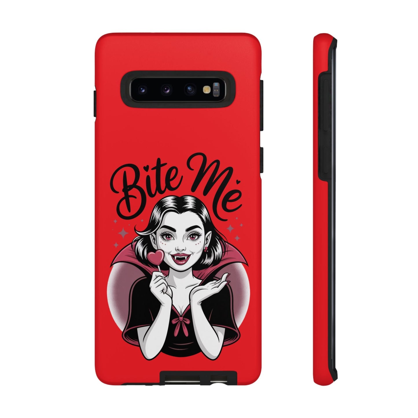 Bite Me Vampire Samsung phone case in red with cartoon vampire and text design, durable protective cover for various Samsung Galaxy models.