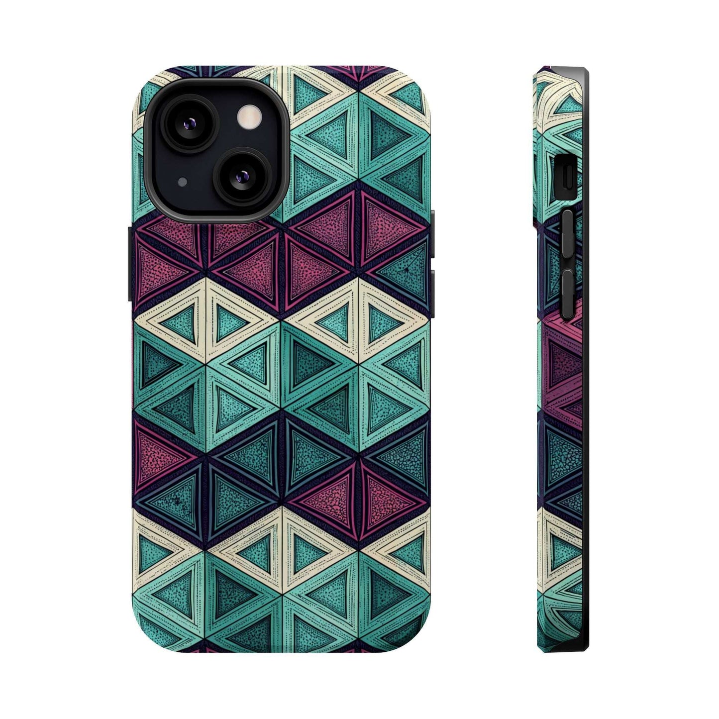 Purple and teal abstract geometric pattern iPhone magnetic tough case with MagSafe compatibility