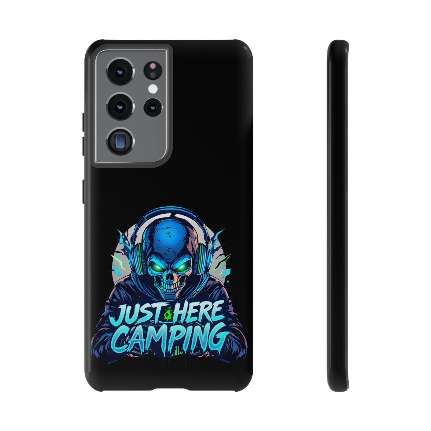 Samsung Tough Case with "Just Here Camping" gaming skull design, durable protection for gaming enthusiasts