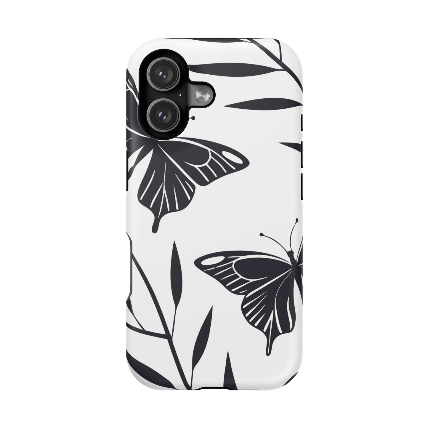 Minimalist black and white butterfly design iPhone case with MagSafe compatible durable protection