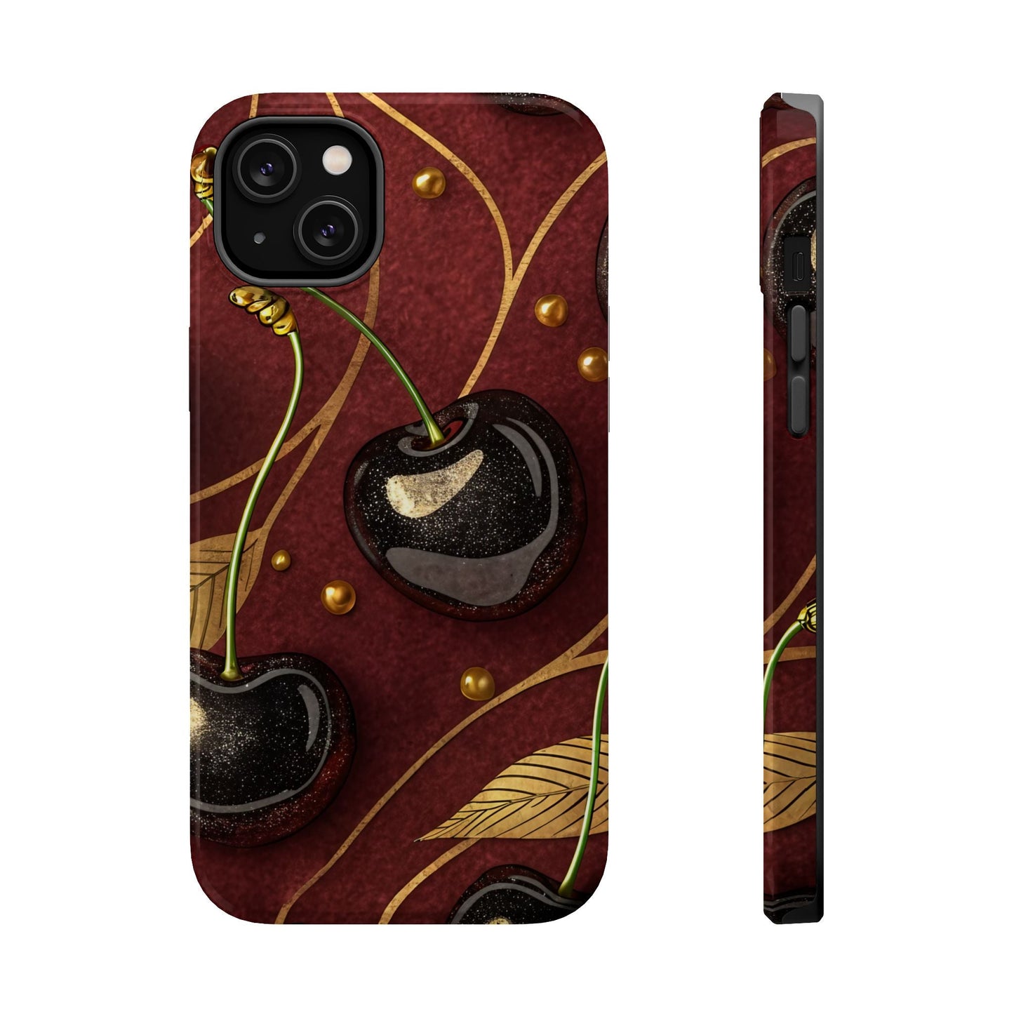 Golden Cherry iPhone Tough Case with cherry-gold design, durable polycarbonate and TPU layers, MagSafe compatible, for iPhone 13 to 17 Pro Max.
