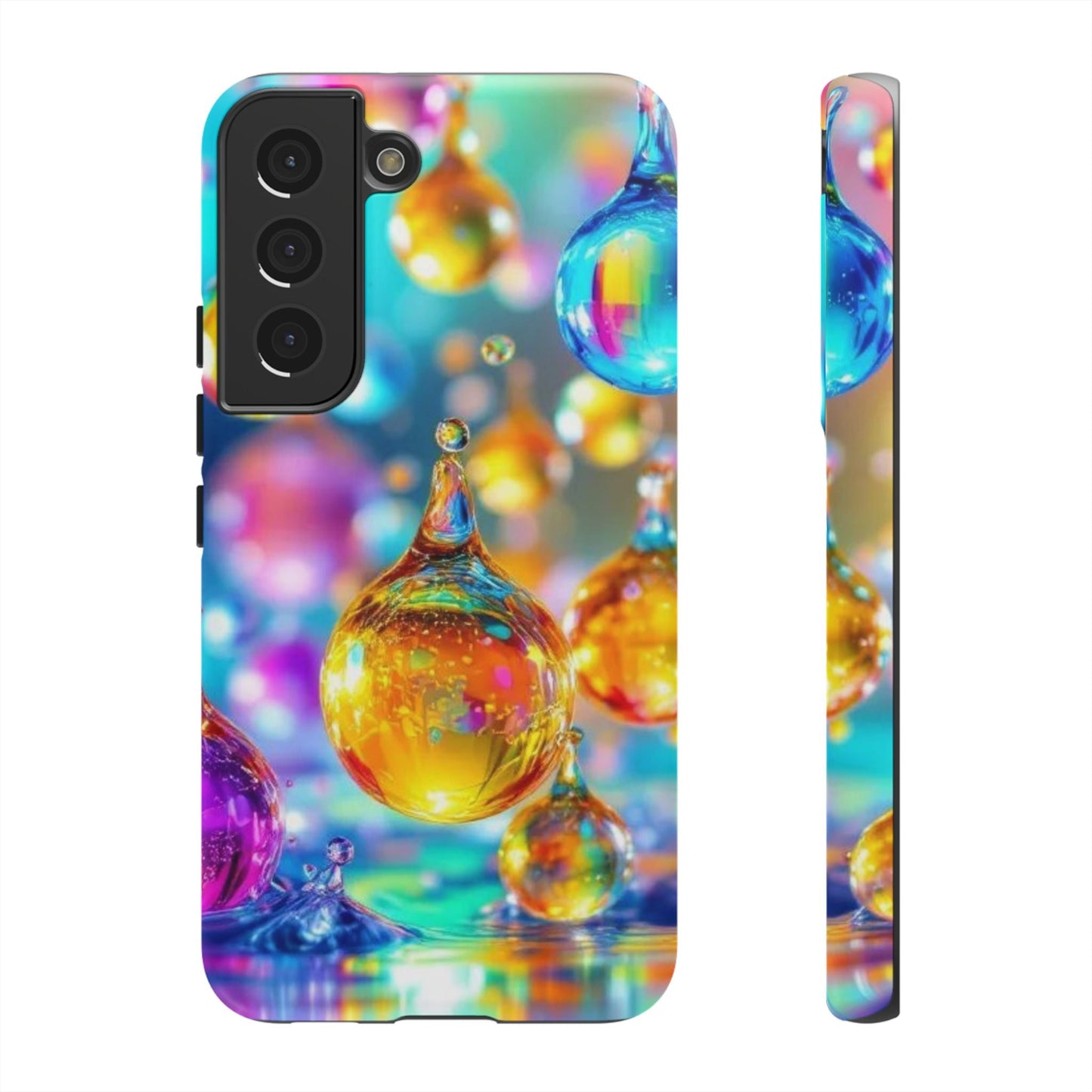 Samsung phone case with vibrant 3D golden raindrop design, durable and shock-resistant protection