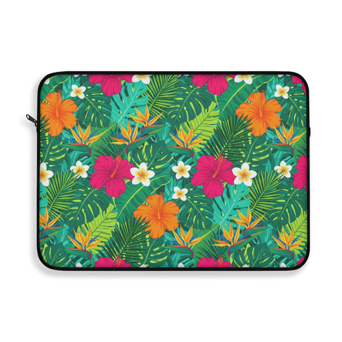 Laptop sleeve with a vibrant tropical foliage and flower pattern.