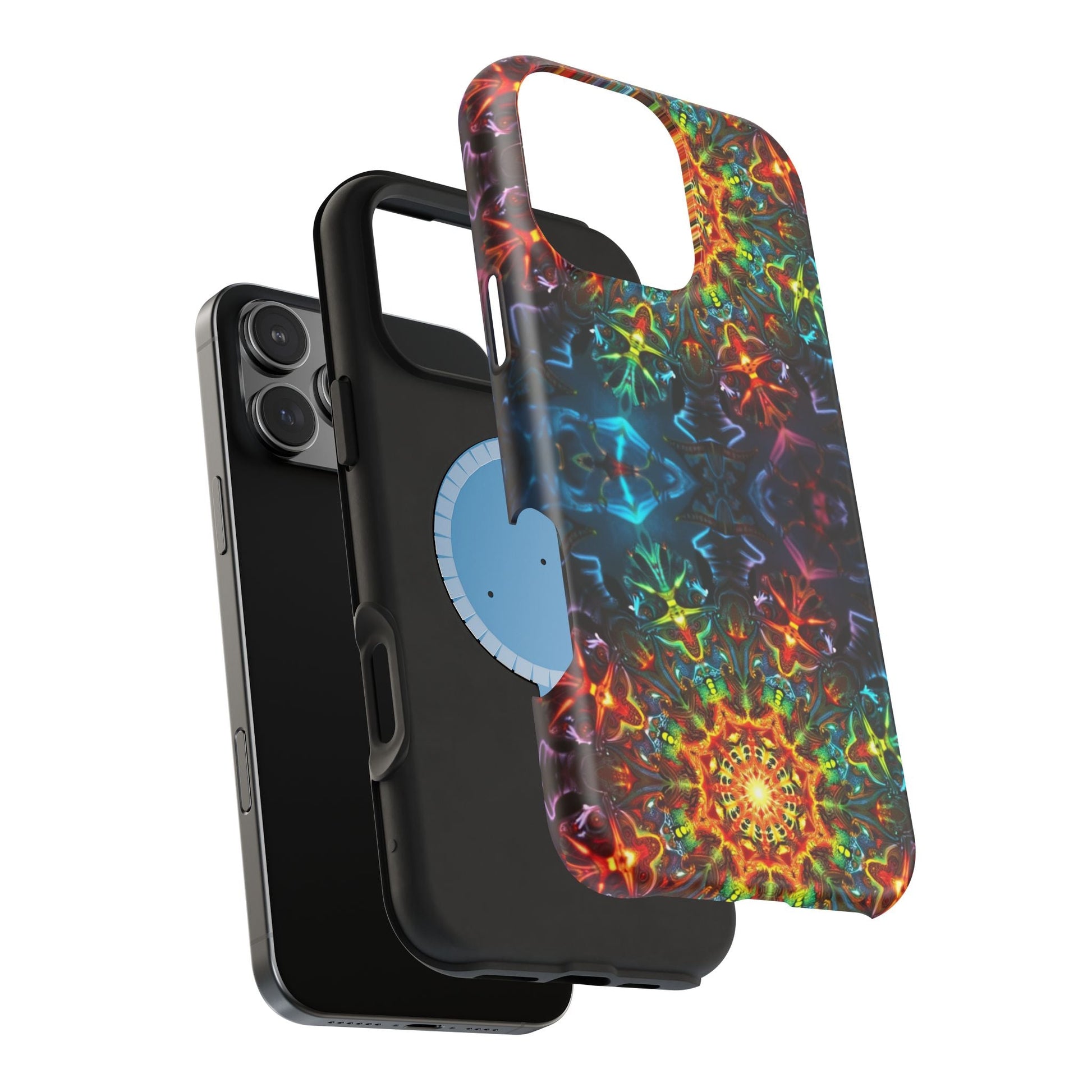 Colorful abstract kaleidoscope design iPhone case with dual-layer protection and MagSafe compatibility